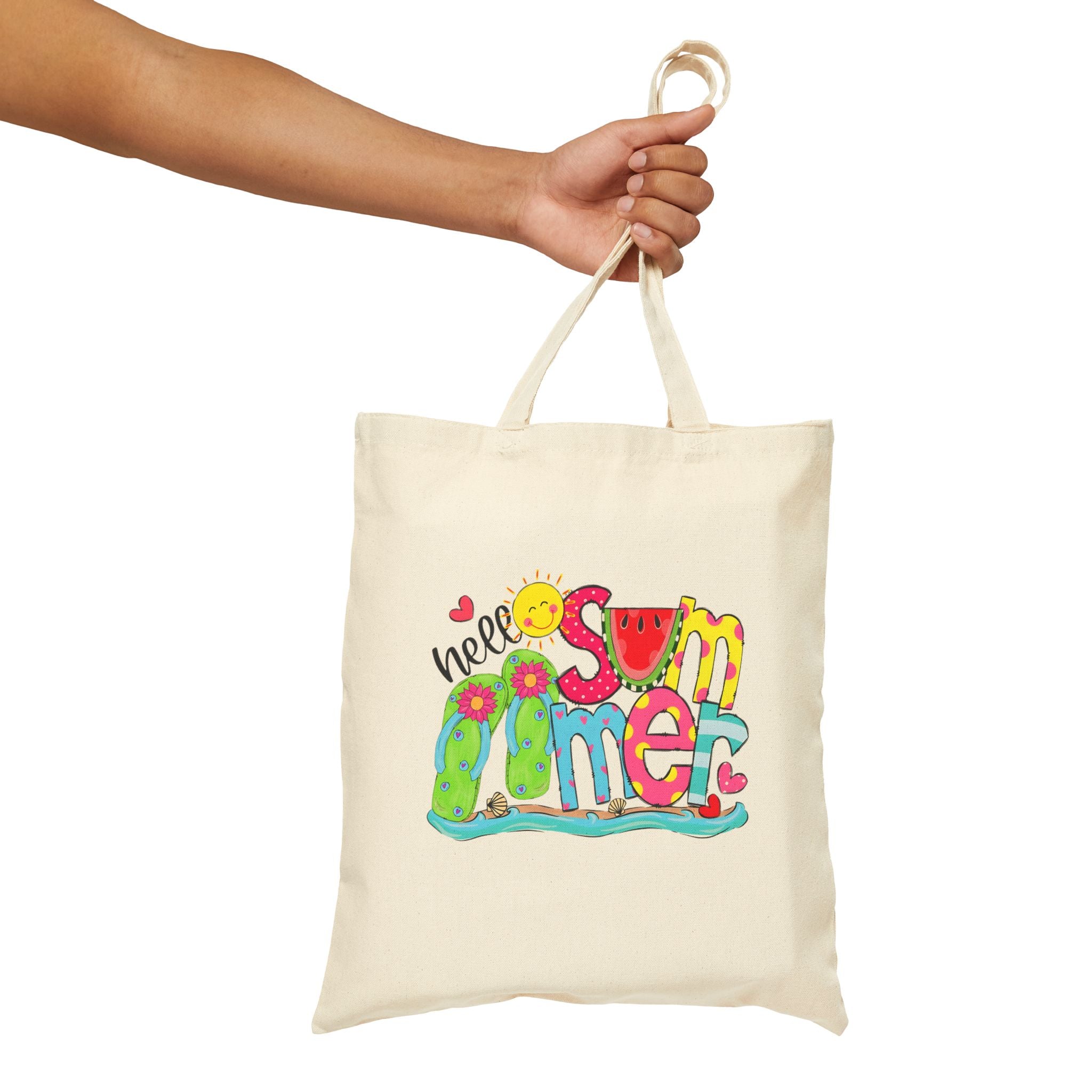 Hello Summer Cotton Canvas Tote Bag – Reusable Beach & Travel Tote