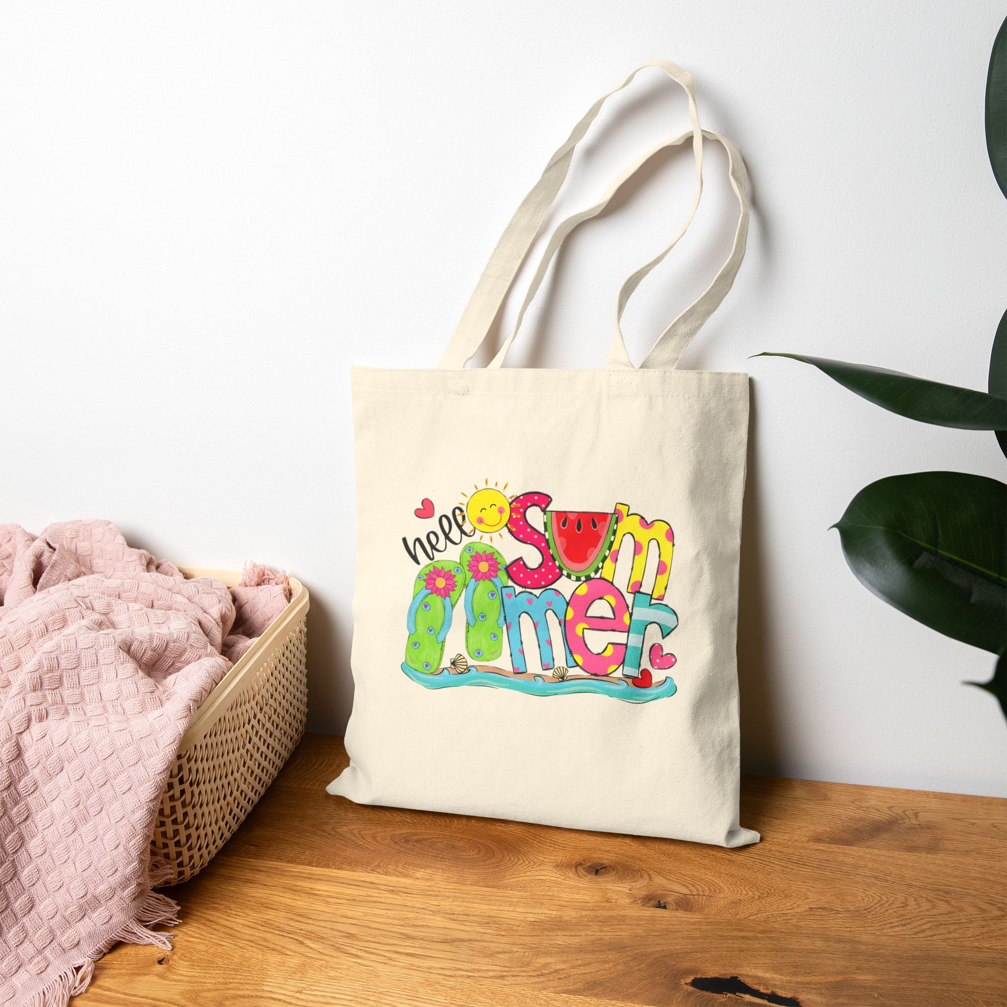 Hello Summer Cotton Canvas Tote Bag – Reusable Beach & Travel Tote