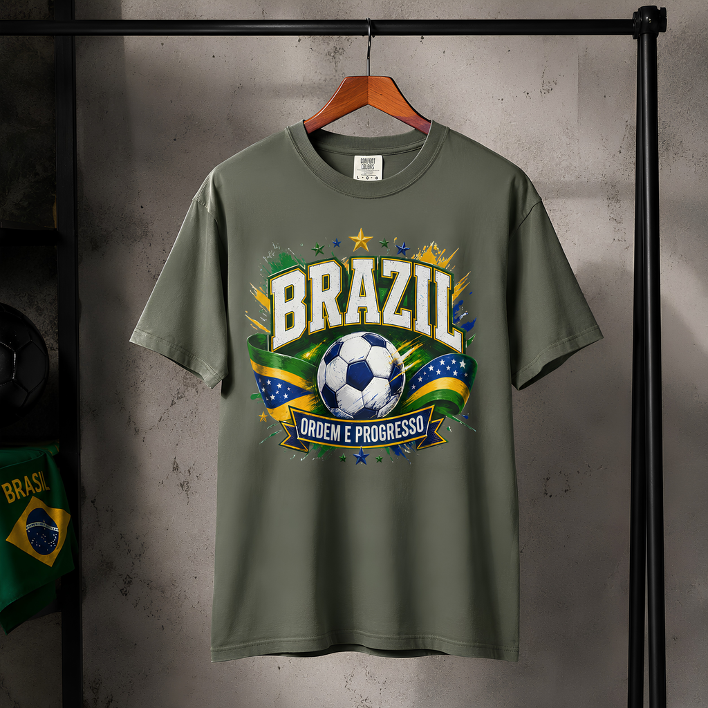 Brazil Unisex Football Supporter T-Shirt | Soccer Fan Graphic Tee | Matchday Apparel | Ordem e Progresso | Football Fan Gift | Comfort Colors Shirt
