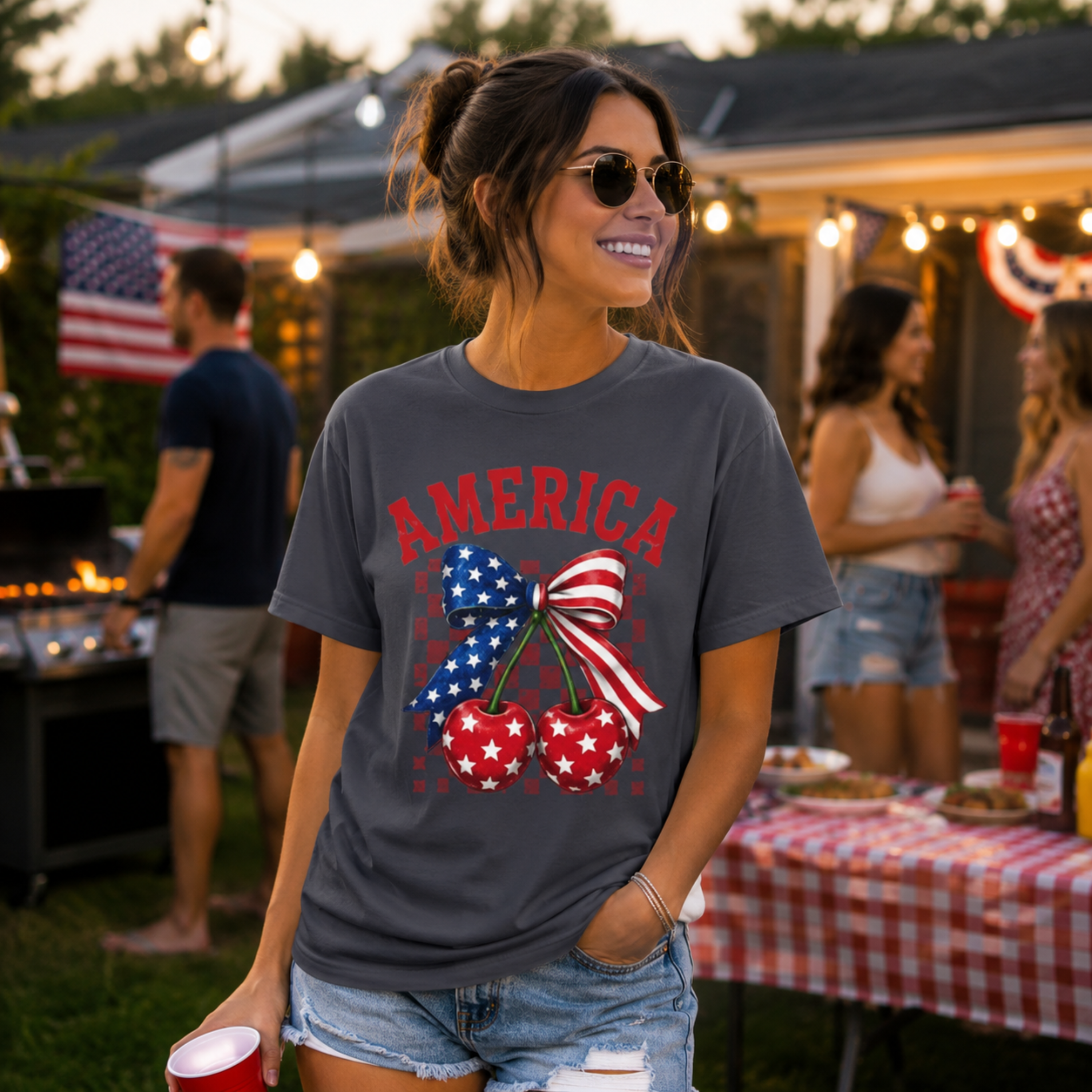 America Cherry Bow Comfort Colors Shirt | 4th of July Shirt for Women | Patriotic Comfort Colors Tee | Fourth of July Graphic Tee