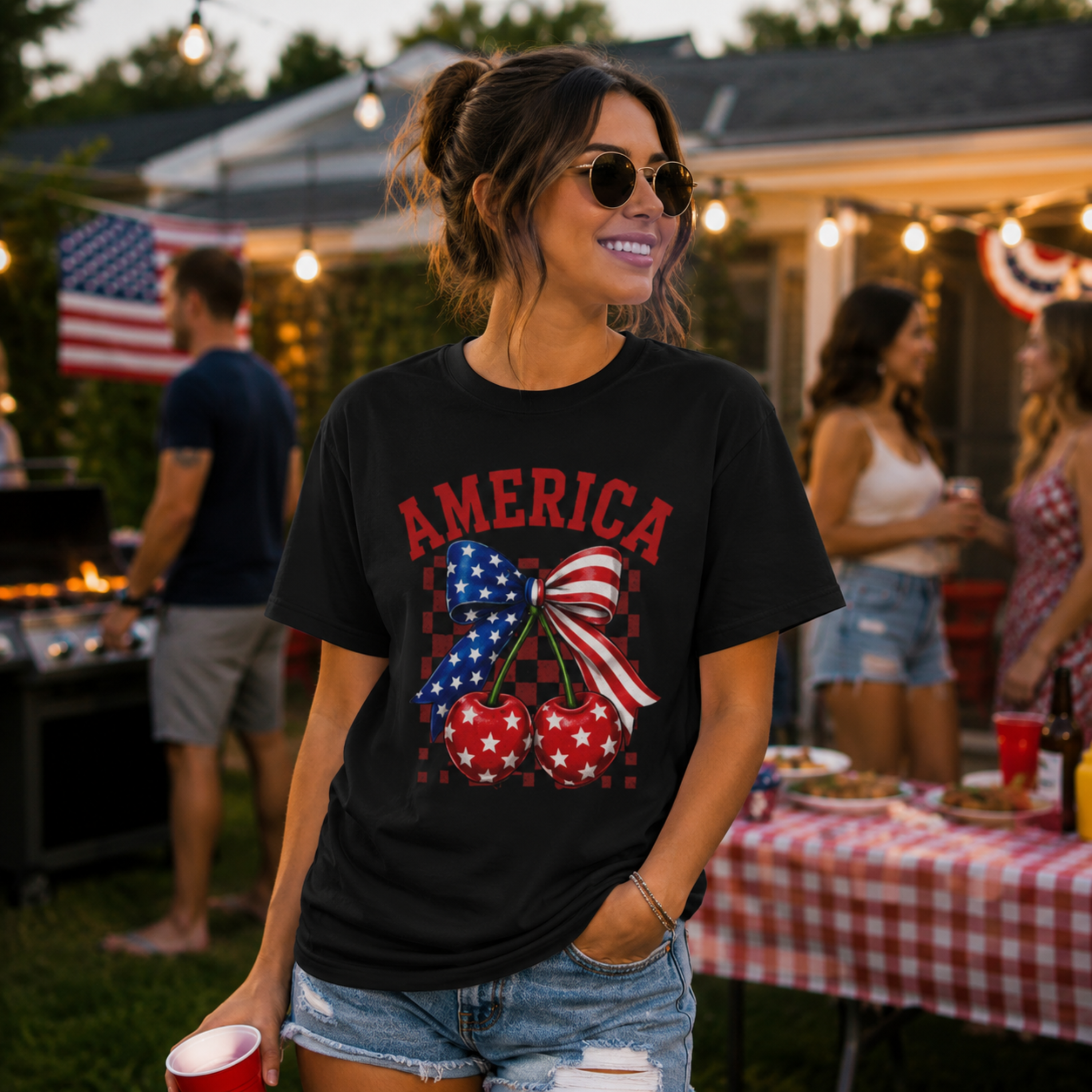 America Cherry Bow Comfort Colors Shirt | 4th of July Shirt for Women | Patriotic Comfort Colors Tee | Fourth of July Graphic Tee