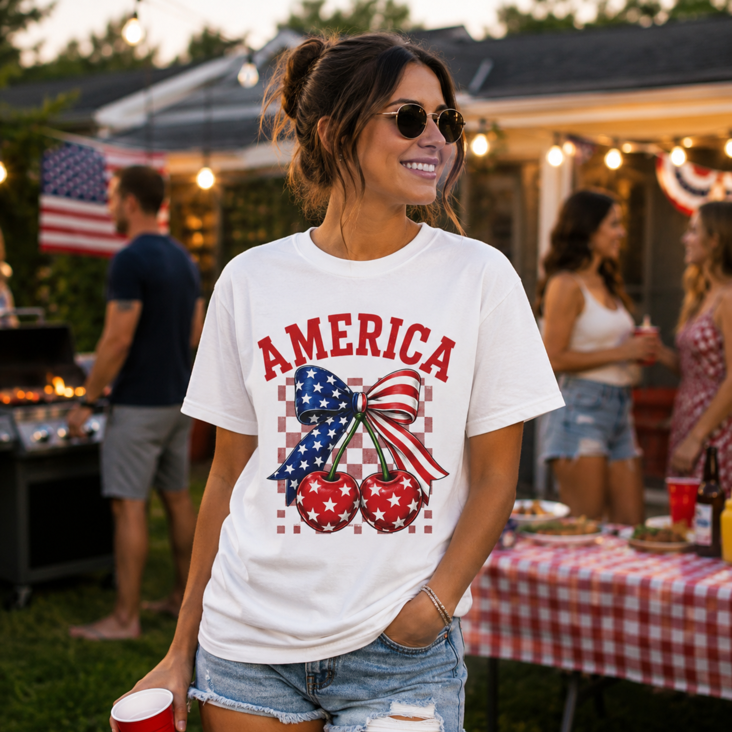 America Cherry Bow Comfort Colors Shirt | 4th of July Shirt for Women | Patriotic Comfort Colors Tee | Fourth of July Graphic Tee