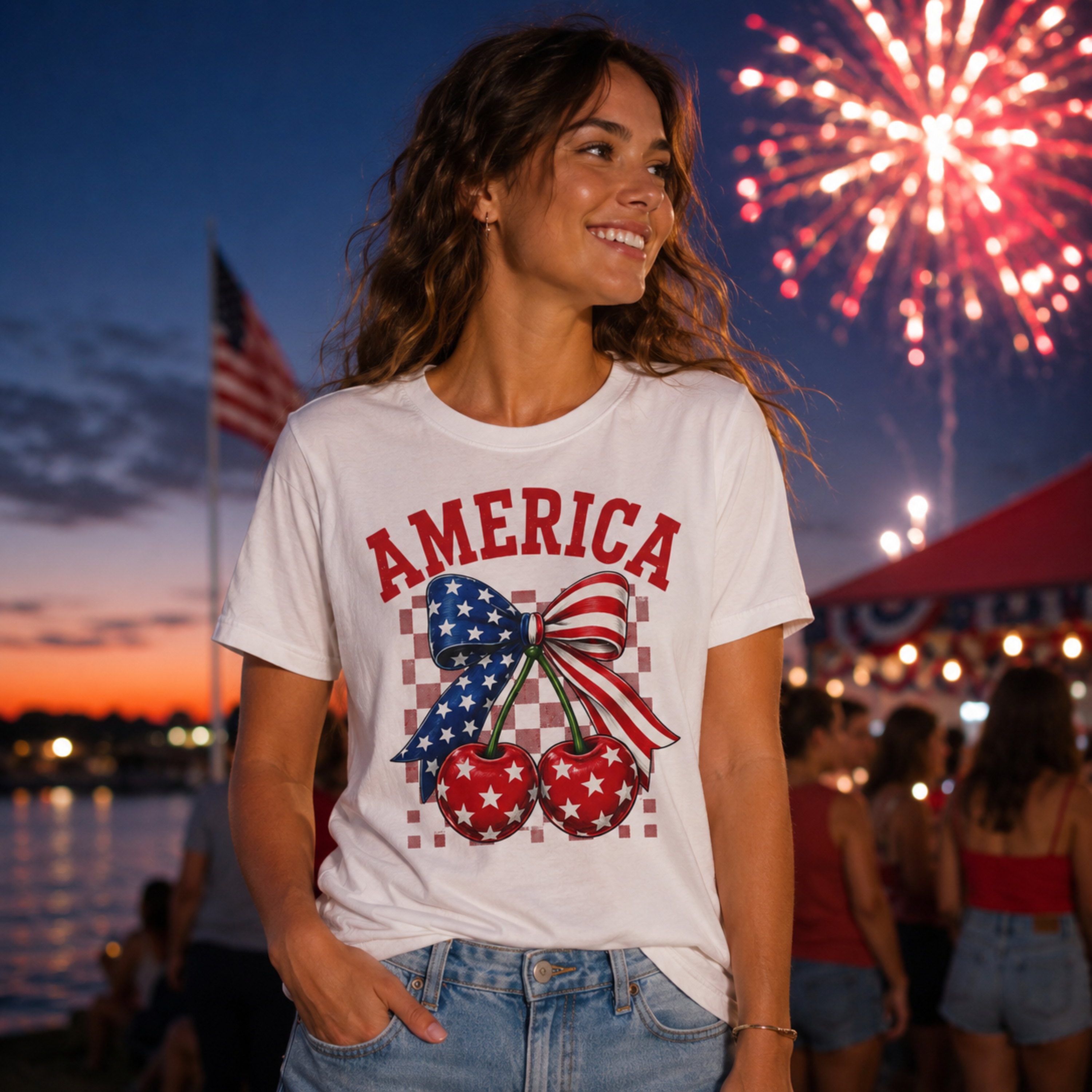 America Cherry Bow Comfort Colors Shirt | 4th of July Shirt for Women | Patriotic Comfort Colors Tee | Fourth of July Graphic Tee