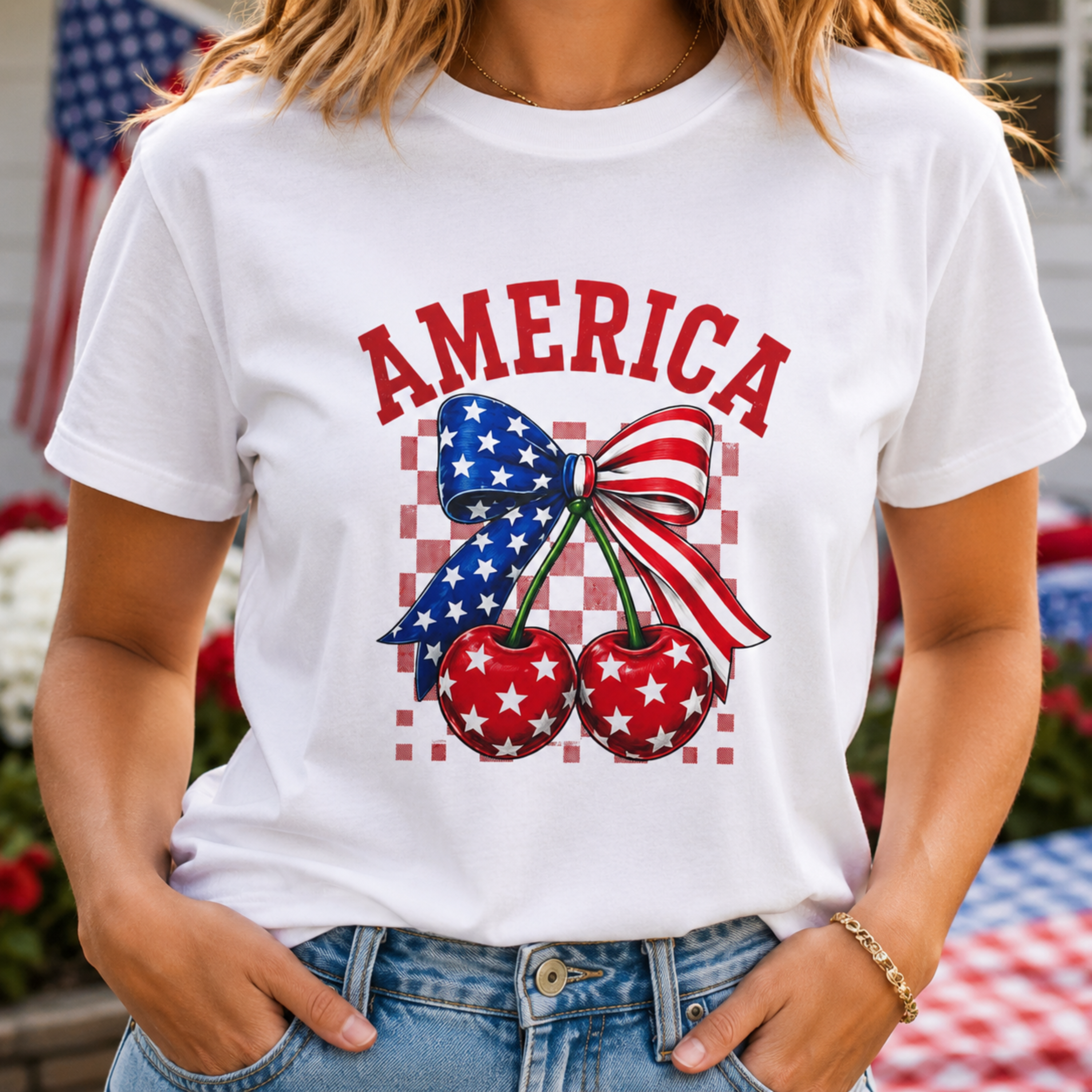 America Cherry Bow Comfort Colors Shirt | 4th of July Shirt for Women | Patriotic Comfort Colors Tee | Fourth of July Graphic Tee