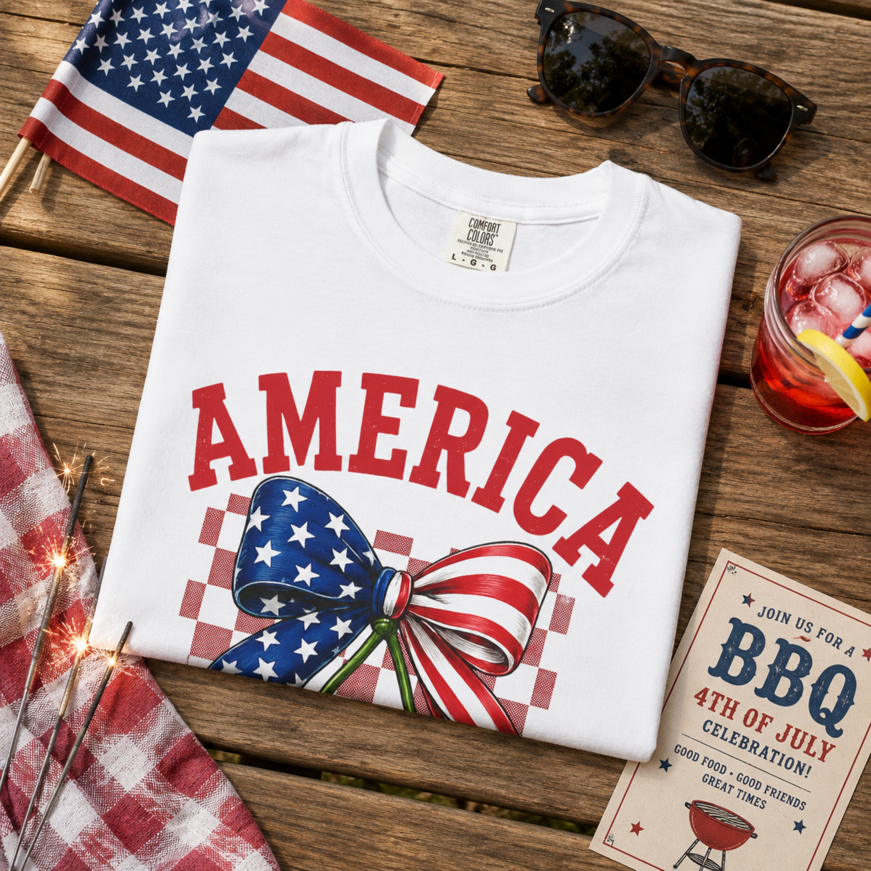 America Cherry Bow Comfort Colors Shirt | 4th of July Shirt for Women | Patriotic Comfort Colors Tee | Fourth of July Graphic Tee