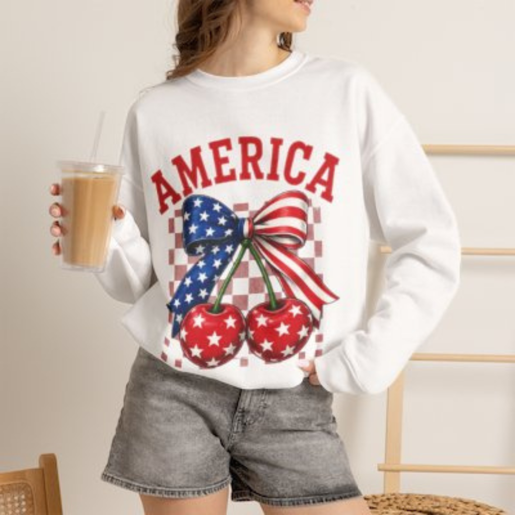 America Cherry Bow Sweatshirt | 4th of July Sweatshirt for Women | Patriotic Crewneck | Fourth of July Graphic Sweatshirt