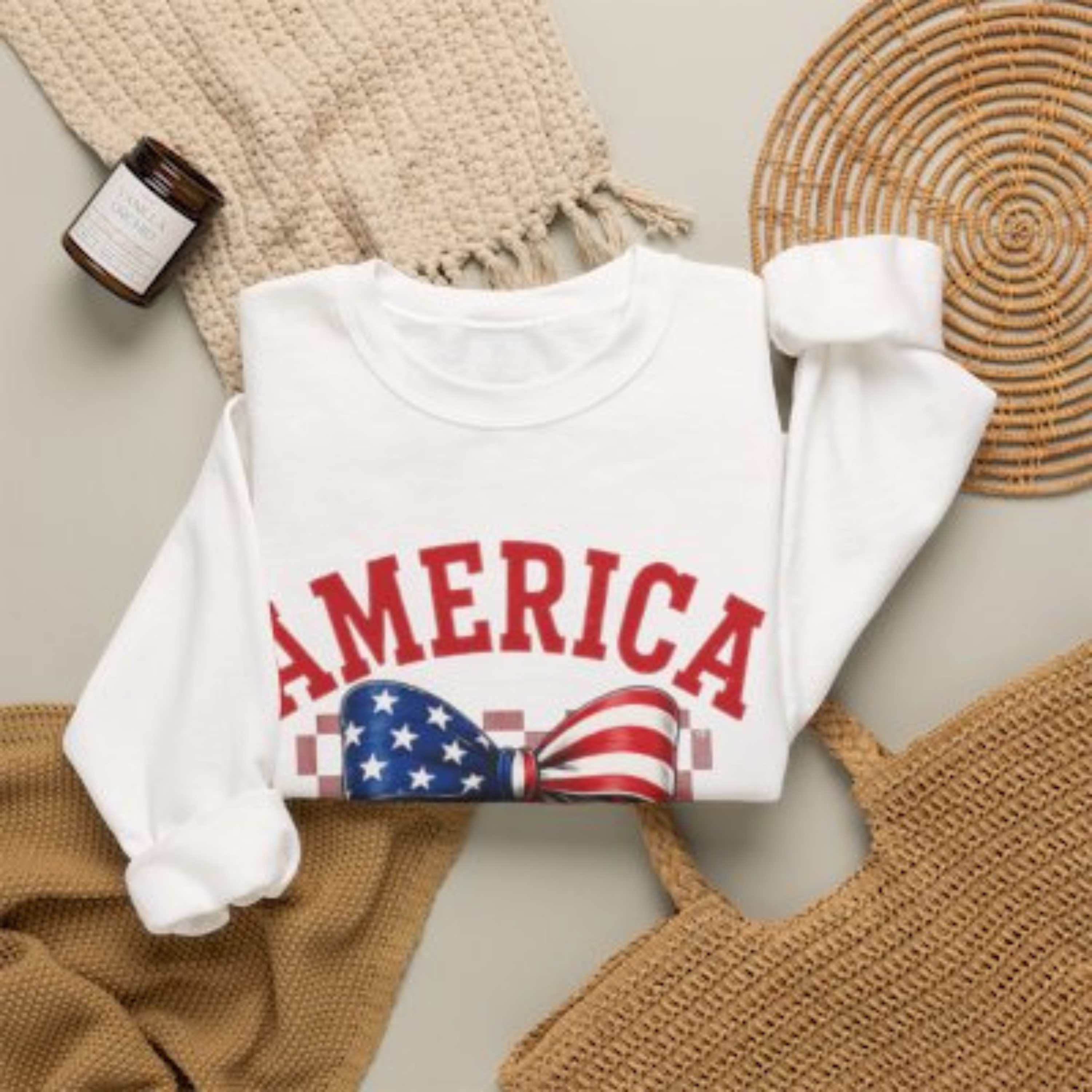 America Cherry Bow Sweatshirt | 4th of July Sweatshirt for Women | Patriotic Crewneck | Fourth of July Graphic Sweatshirt