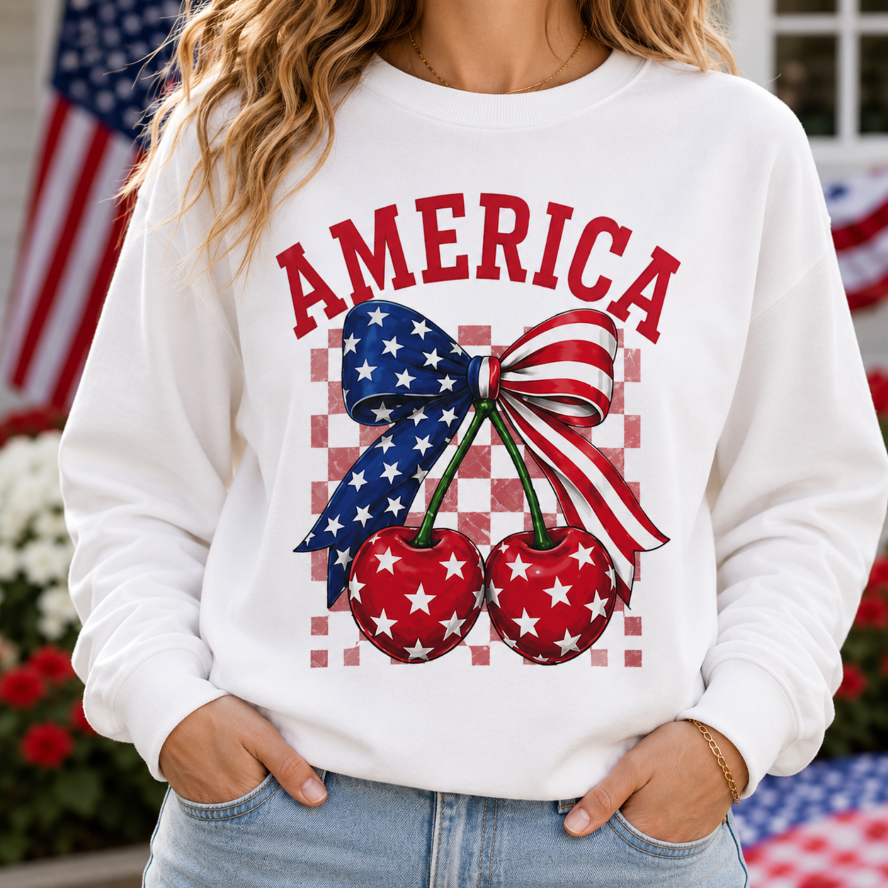 America Cherry Bow Sweatshirt | 4th of July Sweatshirt for Women | Patriotic Crewneck | Fourth of July Graphic Sweatshirt