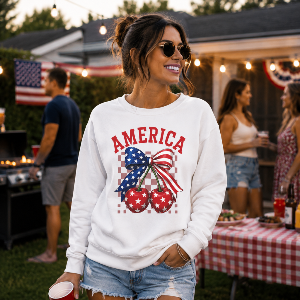 America Cherry Bow Sweatshirt | 4th of July Sweatshirt for Women | Patriotic Crewneck | Fourth of July Graphic Sweatshirt