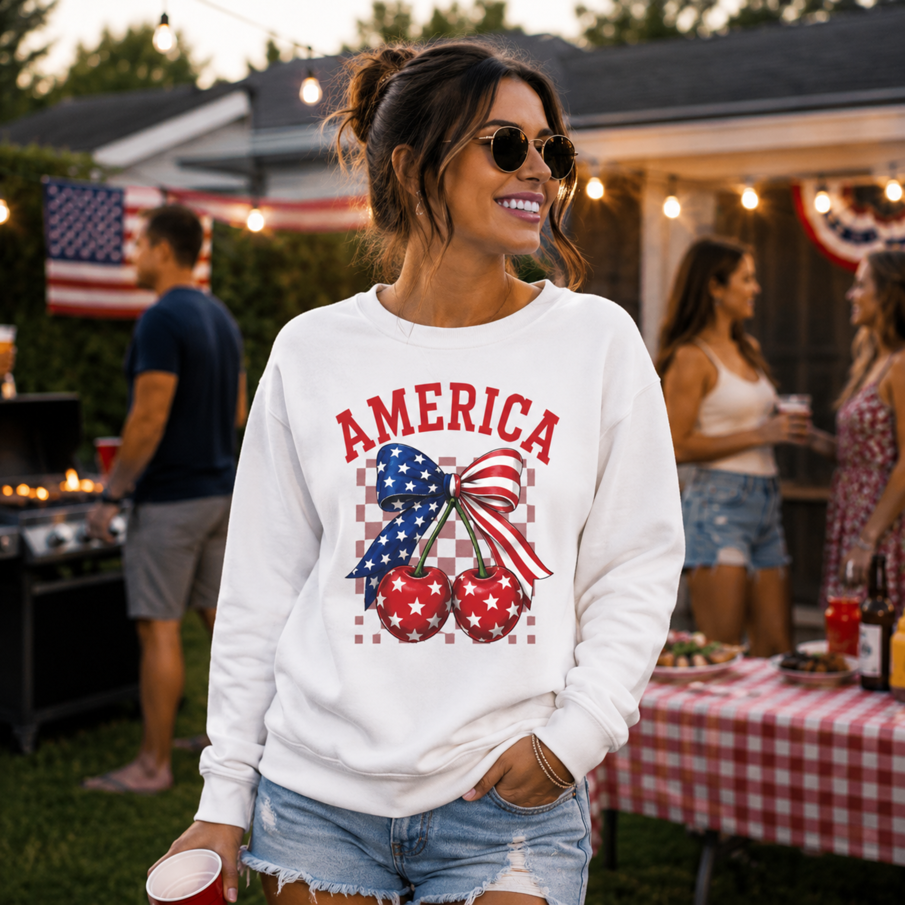 America Cherry Bow Sweatshirt | 4th of July Sweatshirt for Women | Patriotic Crewneck | Fourth of July Graphic Sweatshirt