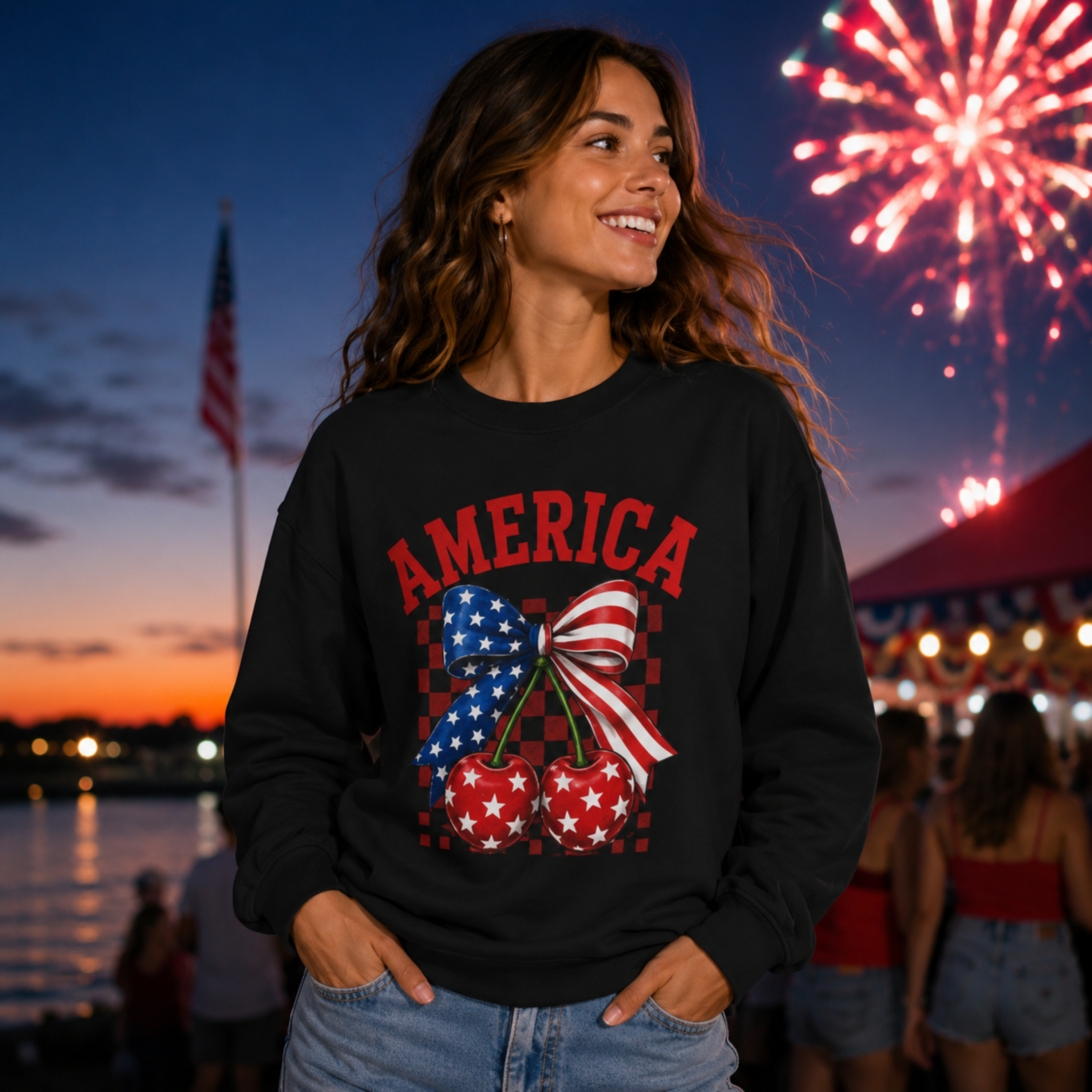 America Cherry Bow Sweatshirt | 4th of July Sweatshirt for Women | Patriotic Crewneck | Fourth of July Graphic Sweatshirt