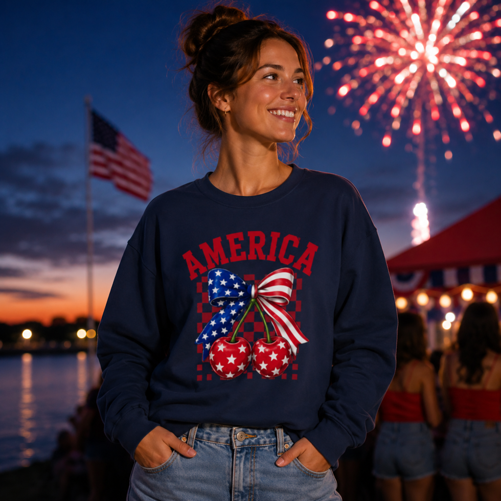 America Cherry Bow Sweatshirt | 4th of July Sweatshirt for Women | Patriotic Crewneck | Fourth of July Graphic Sweatshirt