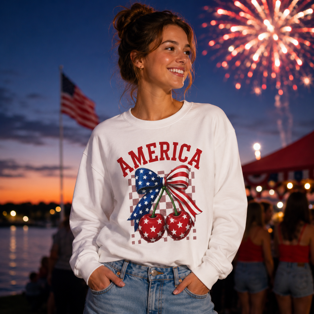 America Cherry Bow Sweatshirt | 4th of July Sweatshirt for Women | Patriotic Crewneck | Fourth of July Graphic Sweatshirt