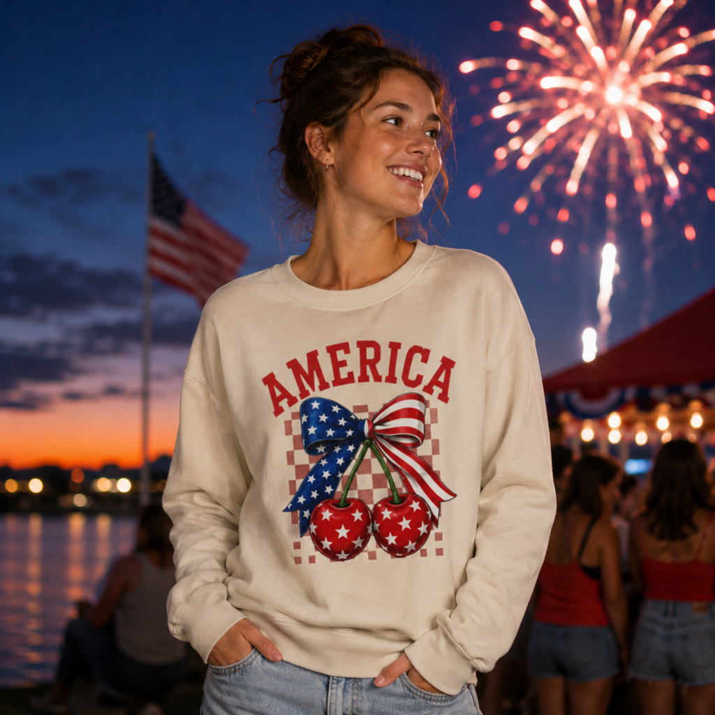 America Cherry Bow Sweatshirt | 4th of July Sweatshirt for Women | Patriotic Crewneck | Fourth of July Graphic Sweatshirt