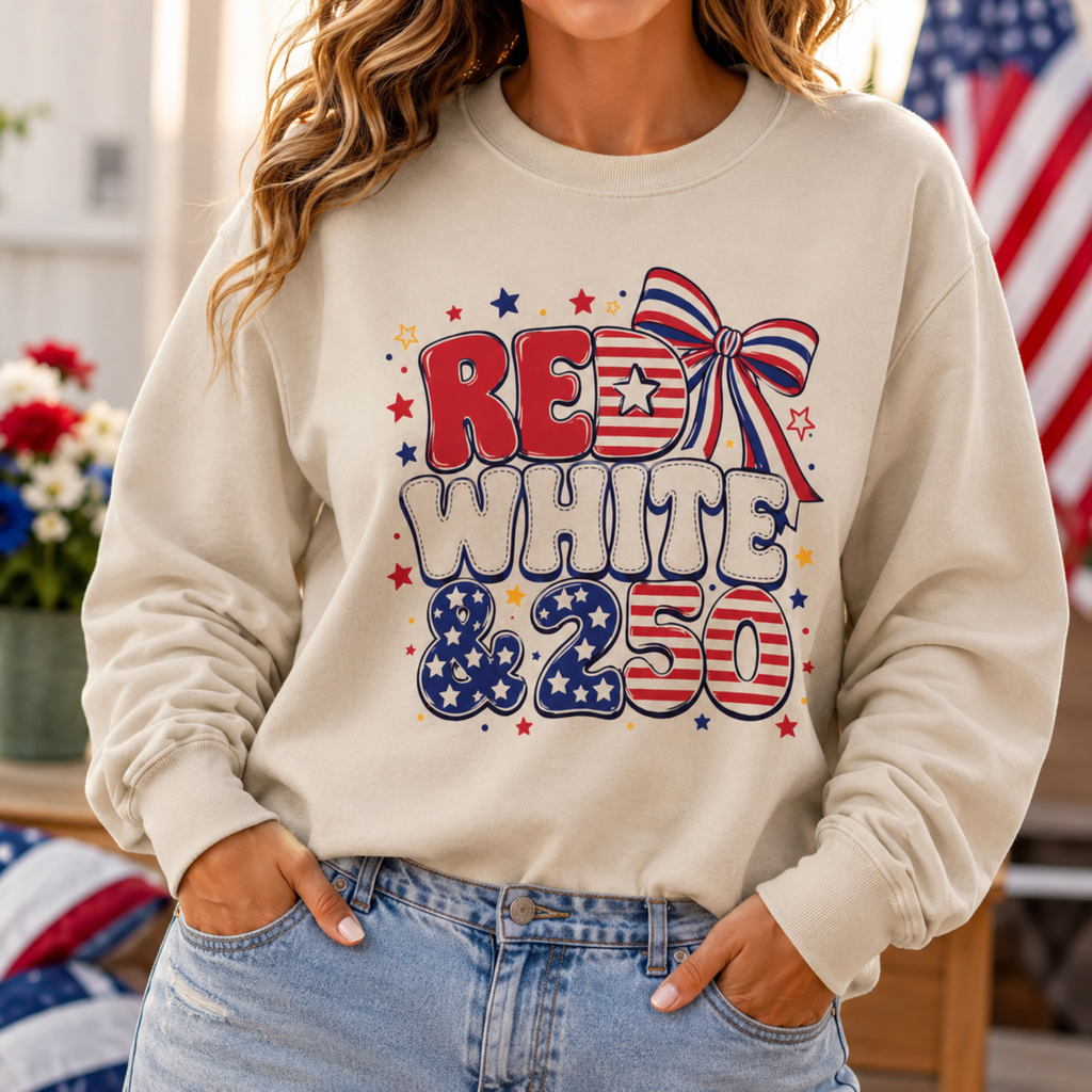 Red White & 250 Sweatshirt | Patriotic 4th of July Crewneck | America 250 Sweatshirt | Fourth of July Graphic Sweatshirt