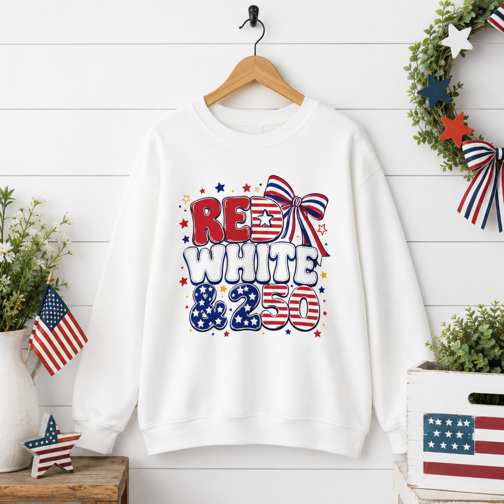 Red White & 250 Sweatshirt | Patriotic 4th of July Crewneck | America 250 Sweatshirt | Fourth of July Graphic Sweatshirt