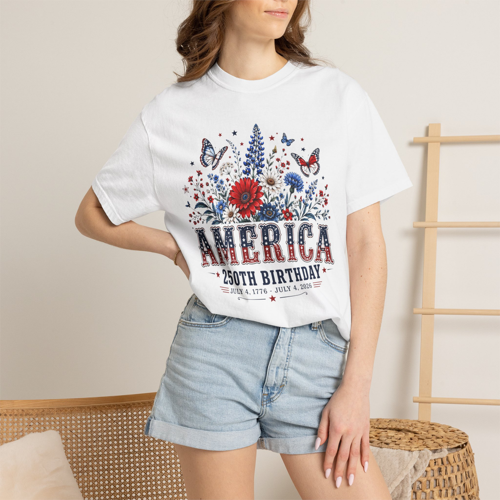 America 250th Birthday Comfort Colors Shirt | Patriotic 4th of July Shirt for Women | America 250 Tee | July 4th 1776 2026 Graphic Tee