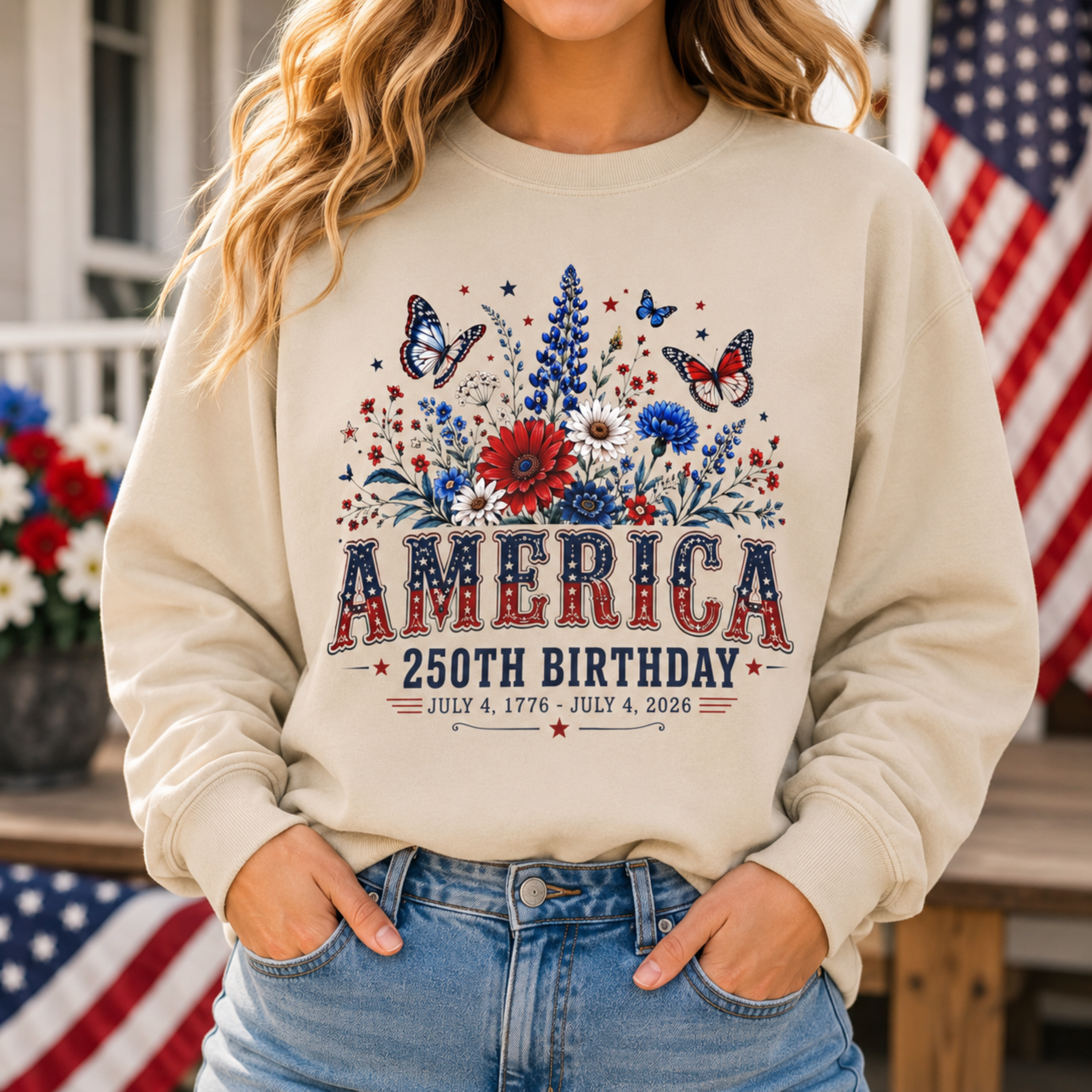 America 250th Birthday Sweatshirt | Patriotic 4th of July Crewneck for Women | America 250 Sweatshirt | July 4th 1776 2026 Sweatshirt