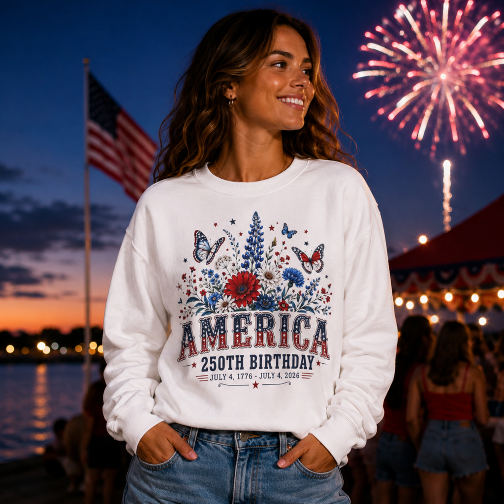 America 250th Birthday Sweatshirt | Patriotic 4th of July Crewneck for Women | America 250 Sweatshirt | July 4th 1776 2026 Sweatshirt
