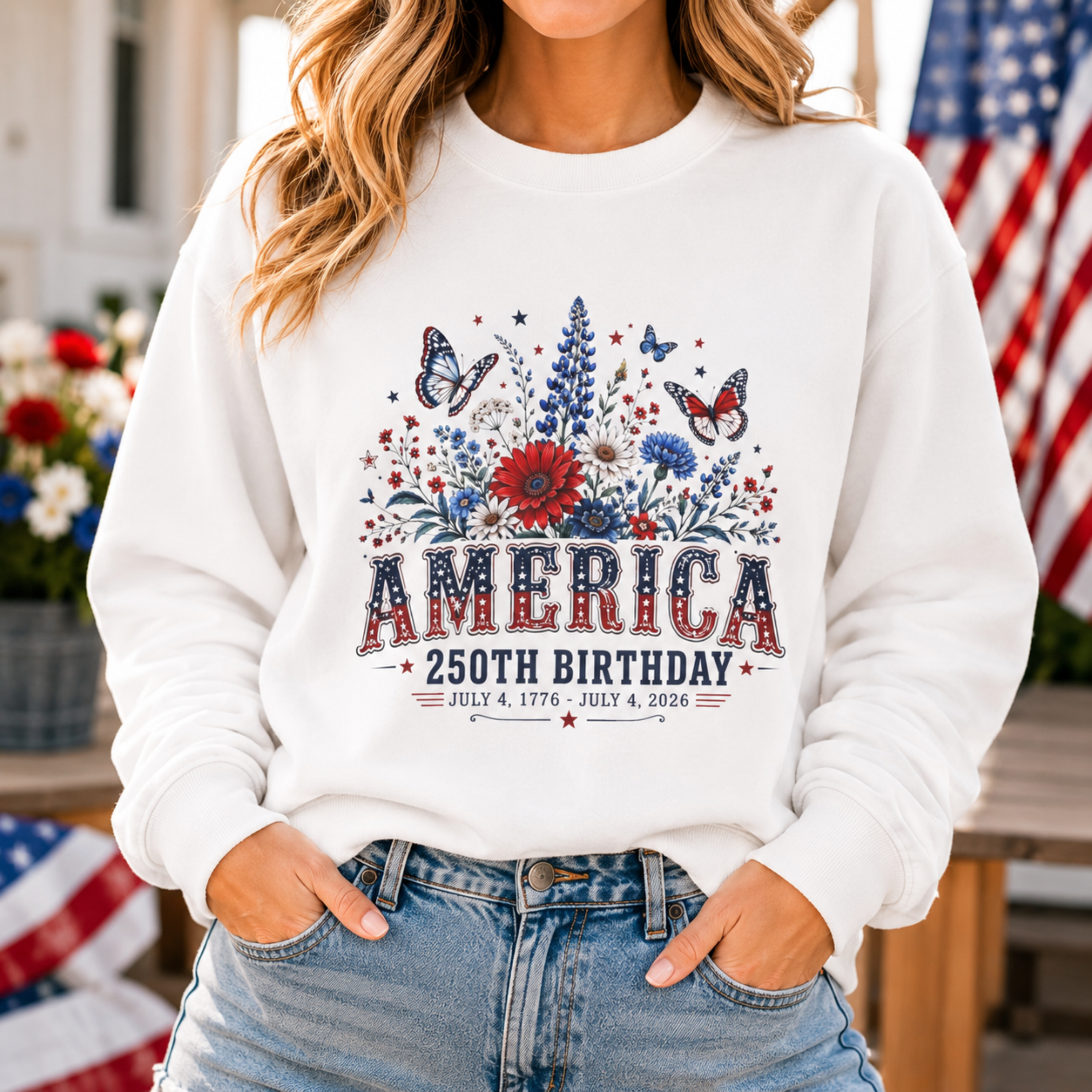 America 250th Birthday Sweatshirt | Patriotic 4th of July Crewneck for Women | America 250 Sweatshirt | July 4th 1776 2026 Sweatshirt