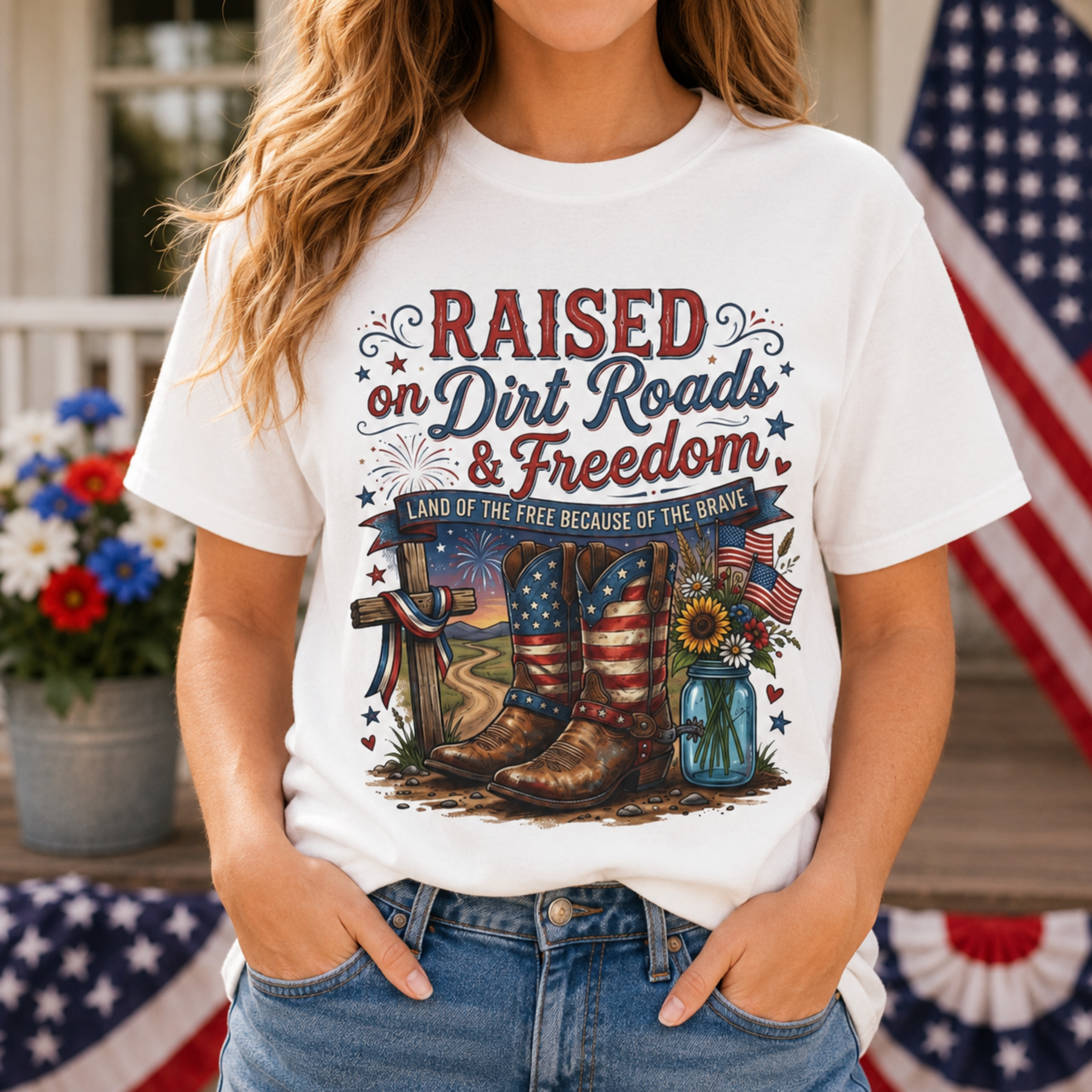Raised On Dirt Roads & Freedom Comfort Colors Shirt | Patriotic Country Girl Shirt | 4th of July Western Tee | Americana Cowgirl Graphic Shirt