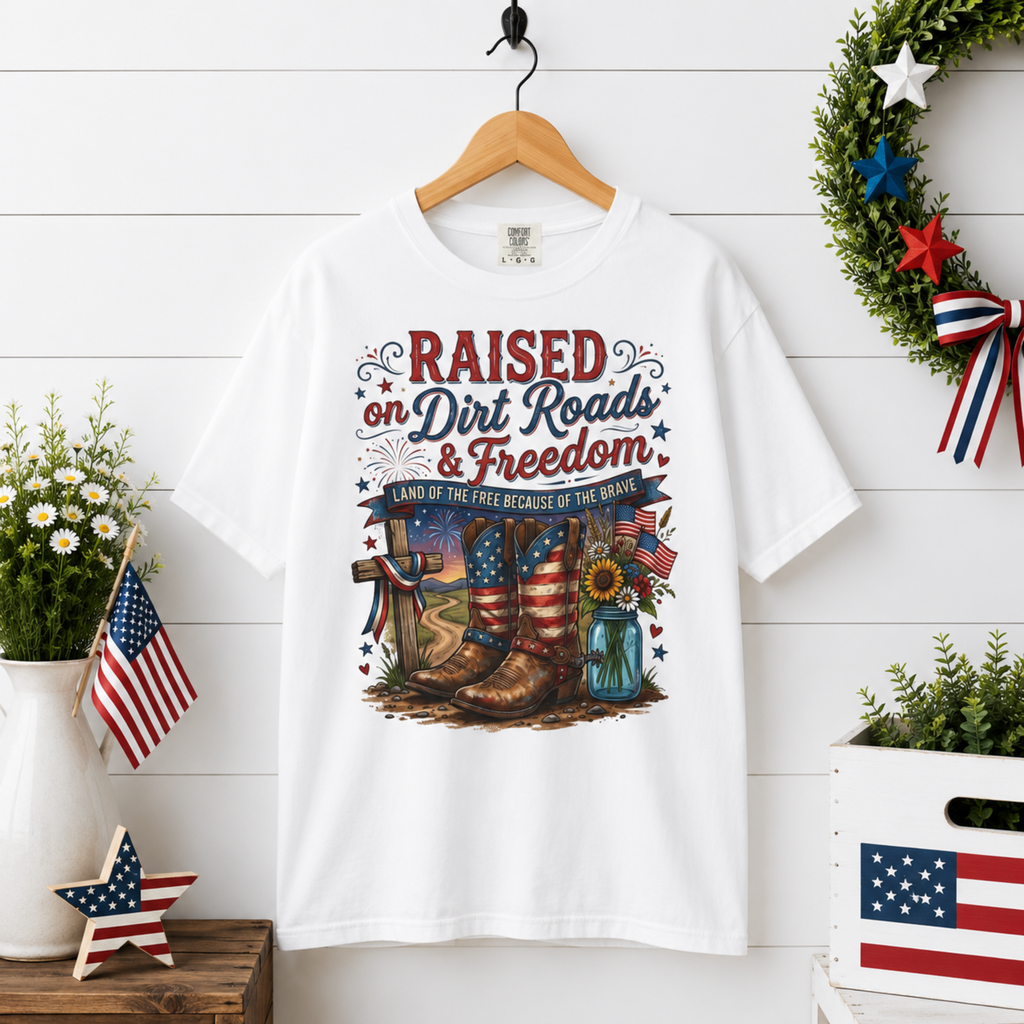 Raised On Dirt Roads & Freedom Comfort Colors Shirt | Patriotic Country Girl Shirt | 4th of July Western Tee | Americana Cowgirl Graphic Shirt