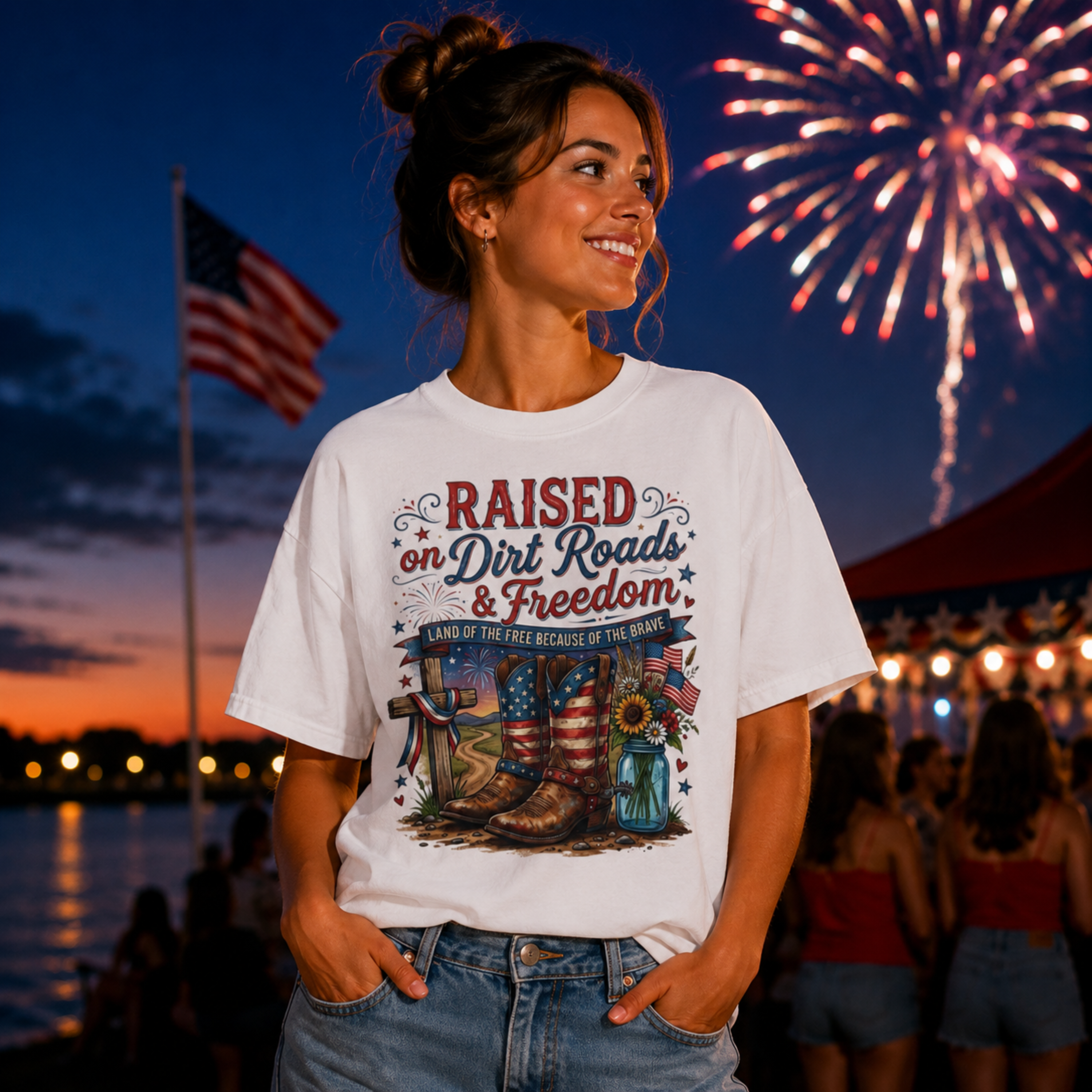 Raised On Dirt Roads & Freedom Comfort Colors Shirt | Patriotic Country Girl Shirt | 4th of July Western Tee | Americana Cowgirl Graphic Shirt
