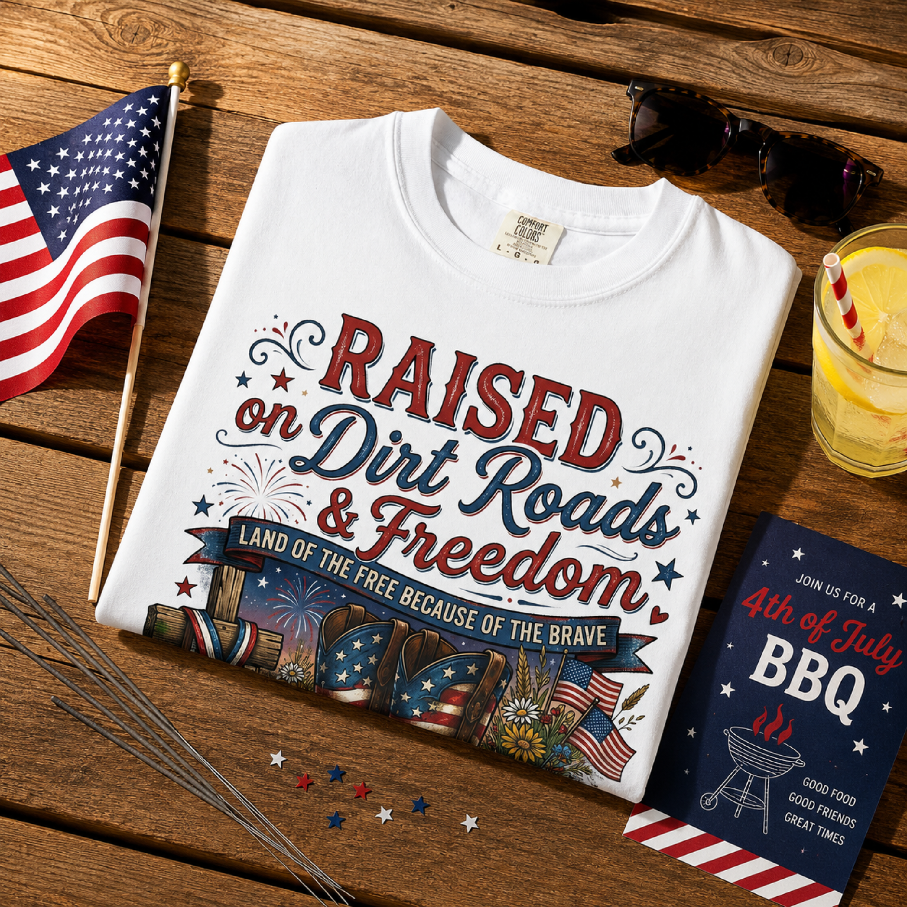 Raised On Dirt Roads & Freedom Comfort Colors Shirt | Patriotic Country Girl Shirt | 4th of July Western Tee | Americana Cowgirl Graphic Shirt