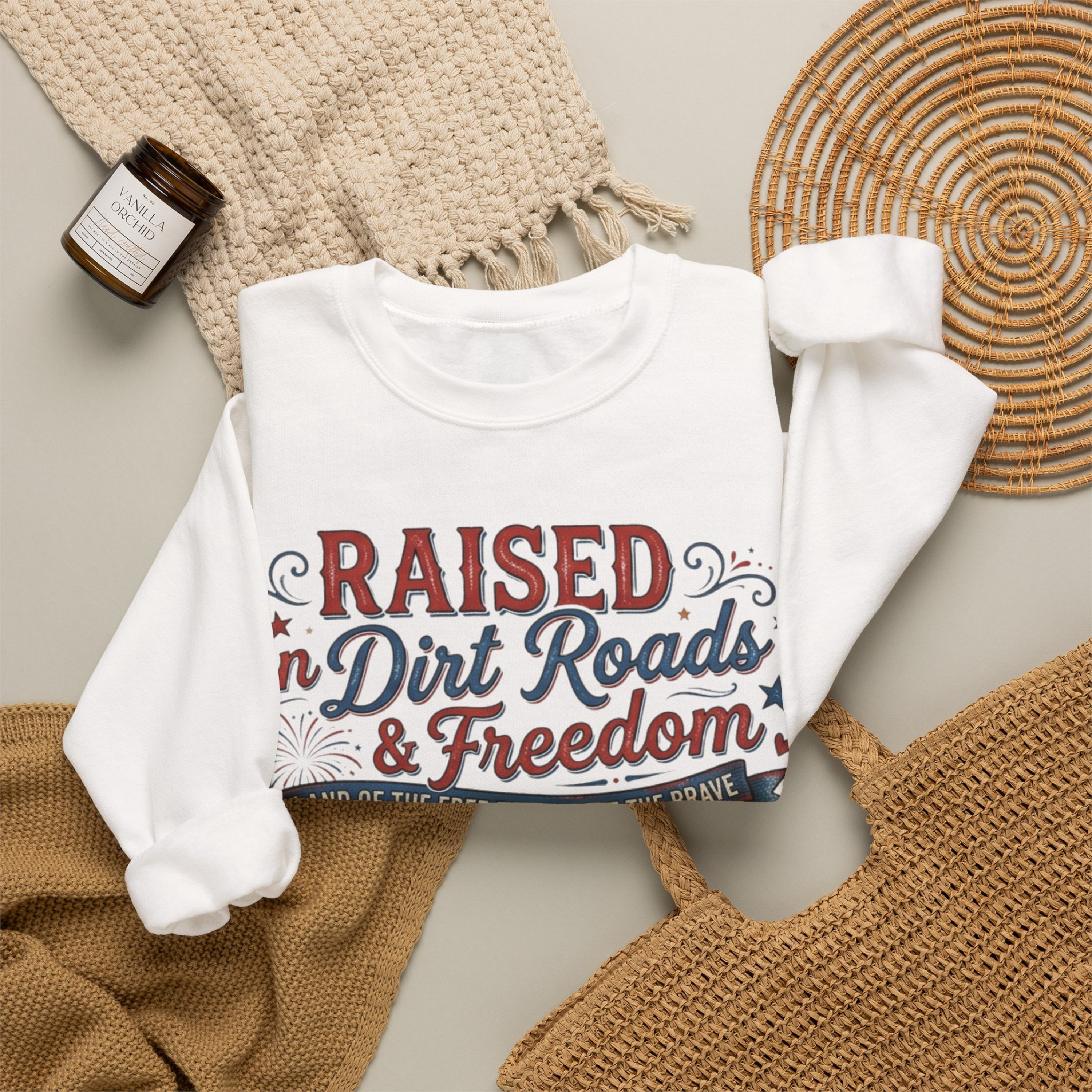 Raised On Dirt Roads & Freedom Sweatshirt | Patriotic Country Girl Crewneck | 4th of July Western Sweatshirt | Americana Cowgirl Sweatshirt