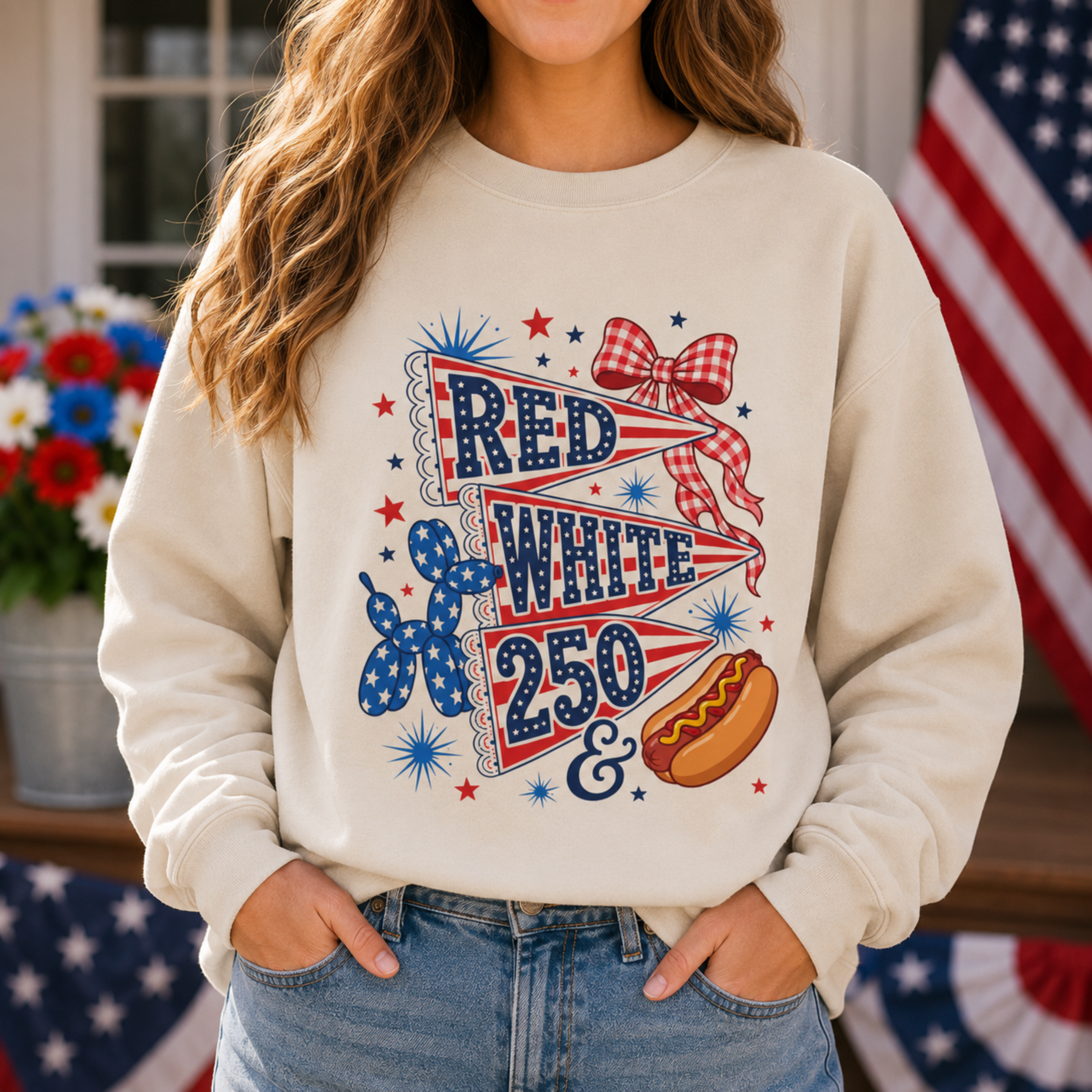 Red White & 250 Sweatshirt | Patriotic 4th of July Crewneck for Women | America 250 Sweatshirt | Cute Fourth of July Sweatshirt