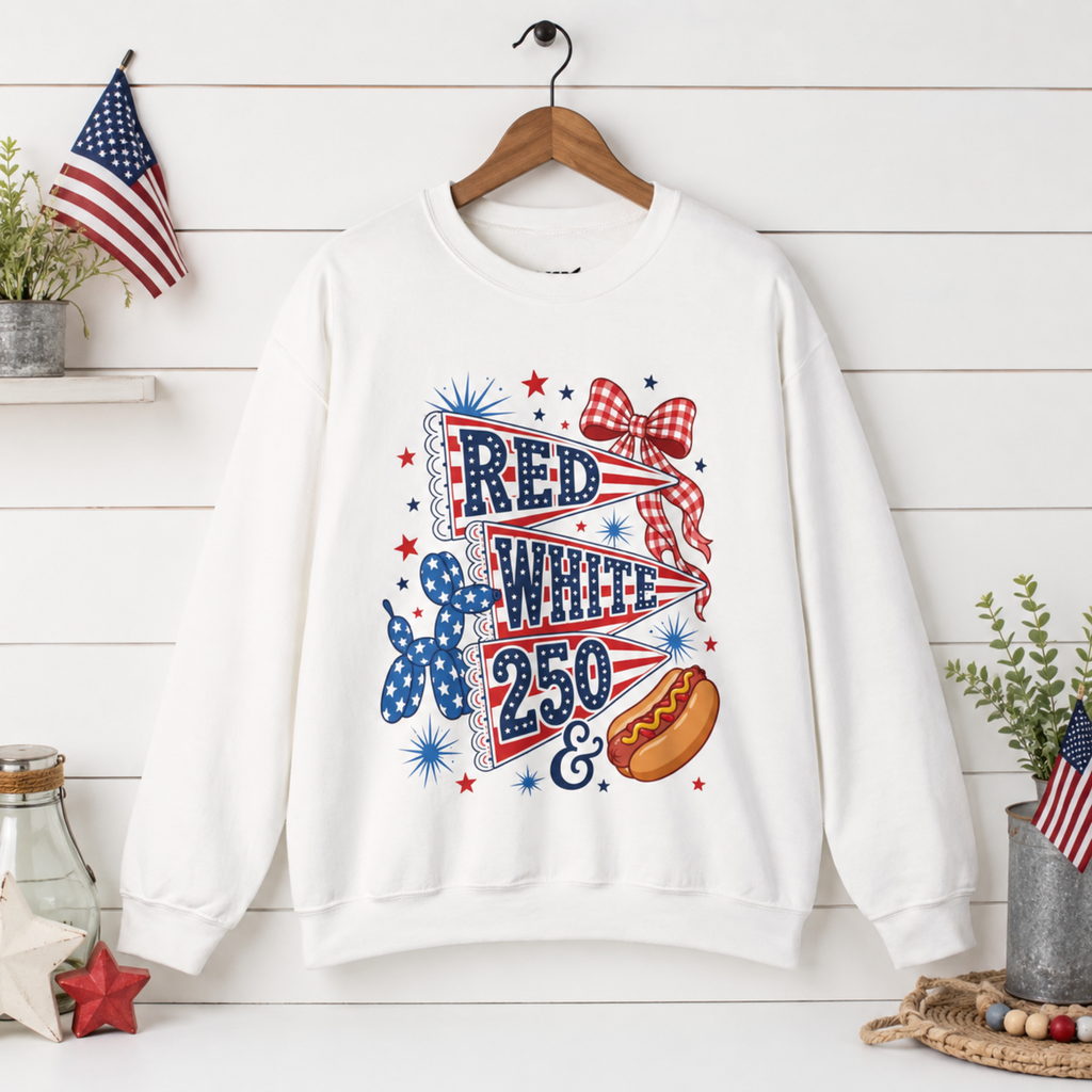 Red White & 250 Sweatshirt | Patriotic 4th of July Crewneck for Women | America 250 Sweatshirt | Cute Fourth of July Sweatshirt