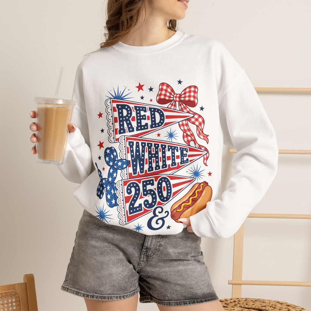 Red White & 250 Sweatshirt | Patriotic 4th of July Crewneck for Women | America 250 Sweatshirt | Cute Fourth of July Sweatshirt