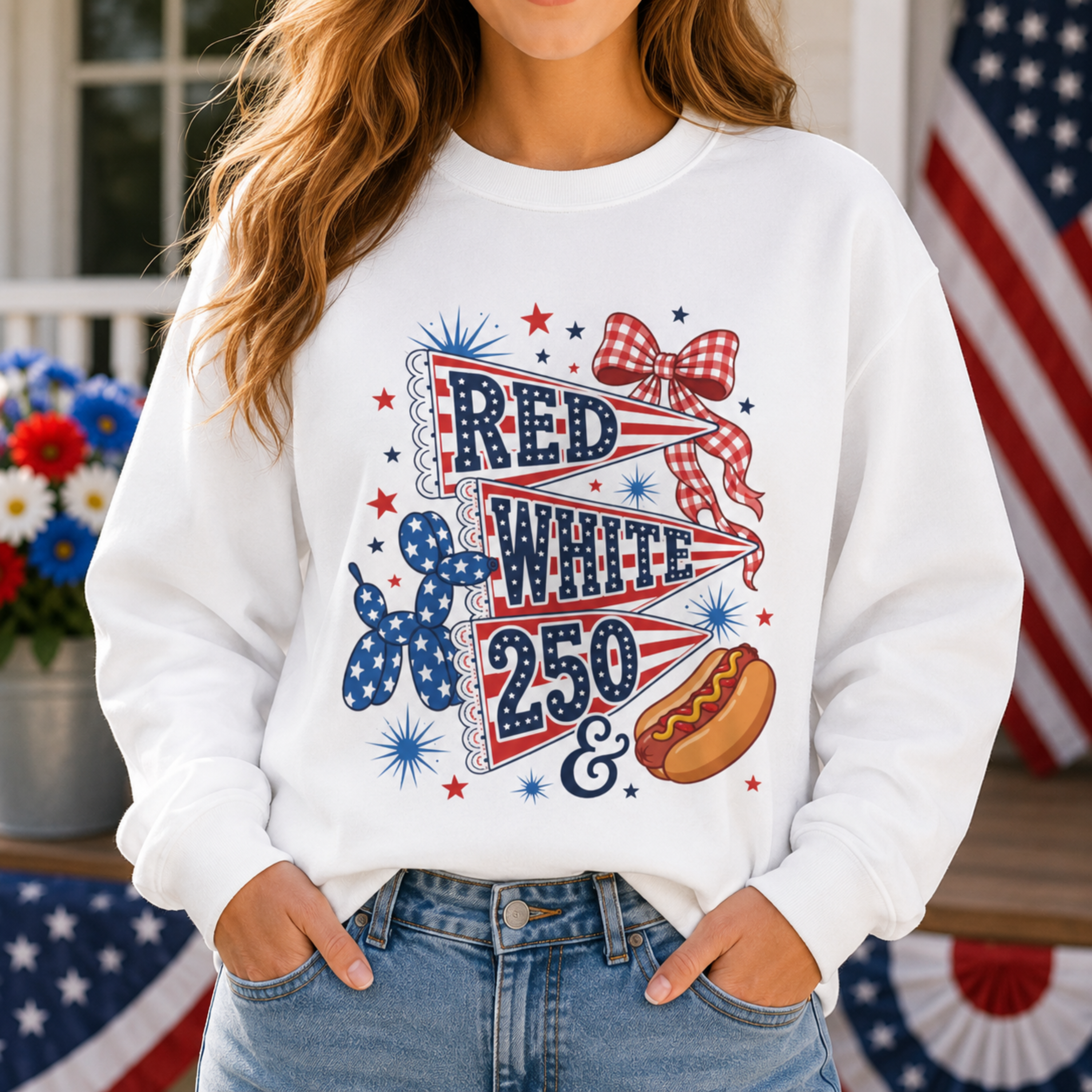 Red White & 250 Sweatshirt | Patriotic 4th of July Crewneck for Women | America 250 Sweatshirt | Cute Fourth of July Sweatshirt