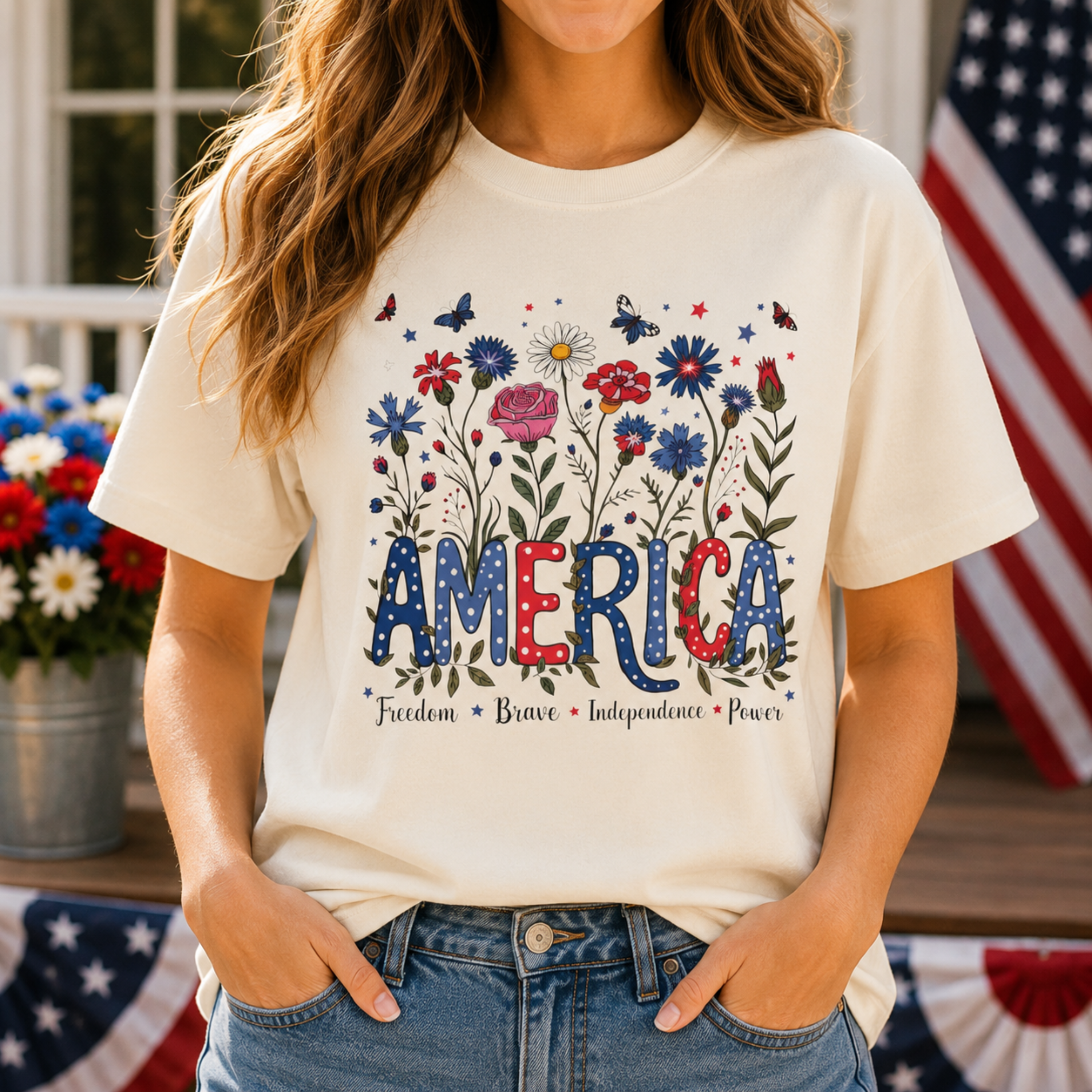 America Floral Shirt | Patriotic Wildflower Shirt for Women | 4th of July Flower Tee | Cute Americana Graphic Shirt