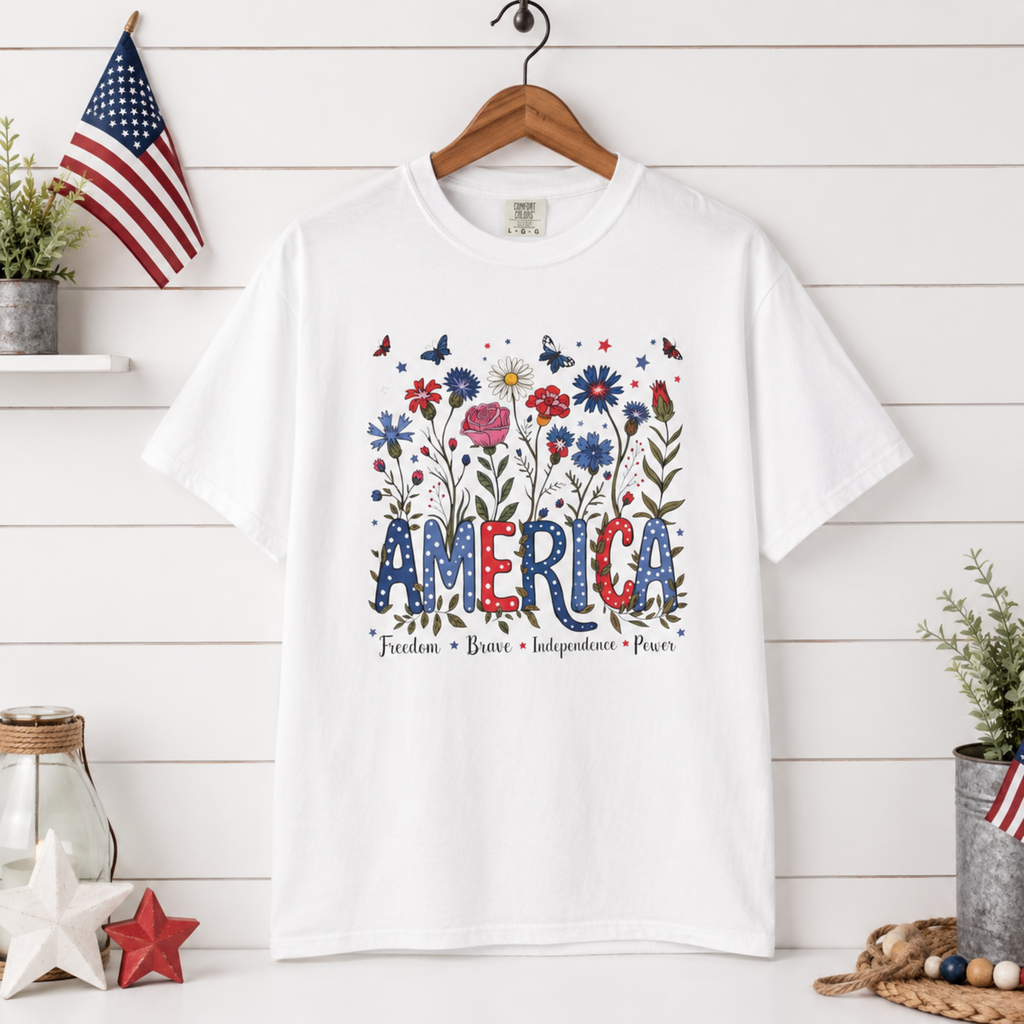 America Floral Shirt | Patriotic Wildflower Shirt for Women | 4th of July Flower Tee | Cute Americana Graphic Shirt