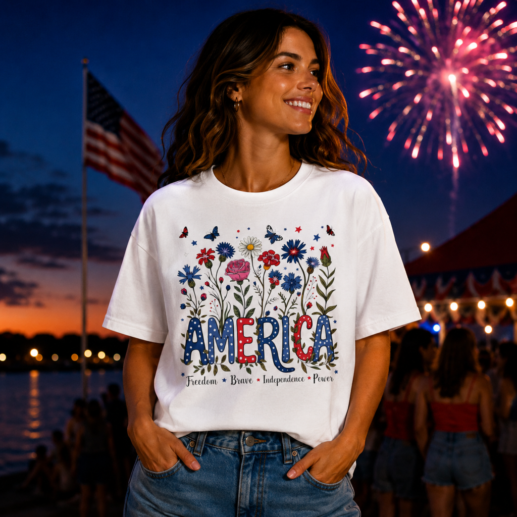 America Floral Shirt | Patriotic Wildflower Shirt for Women | 4th of July Flower Tee | Cute Americana Graphic Shirt