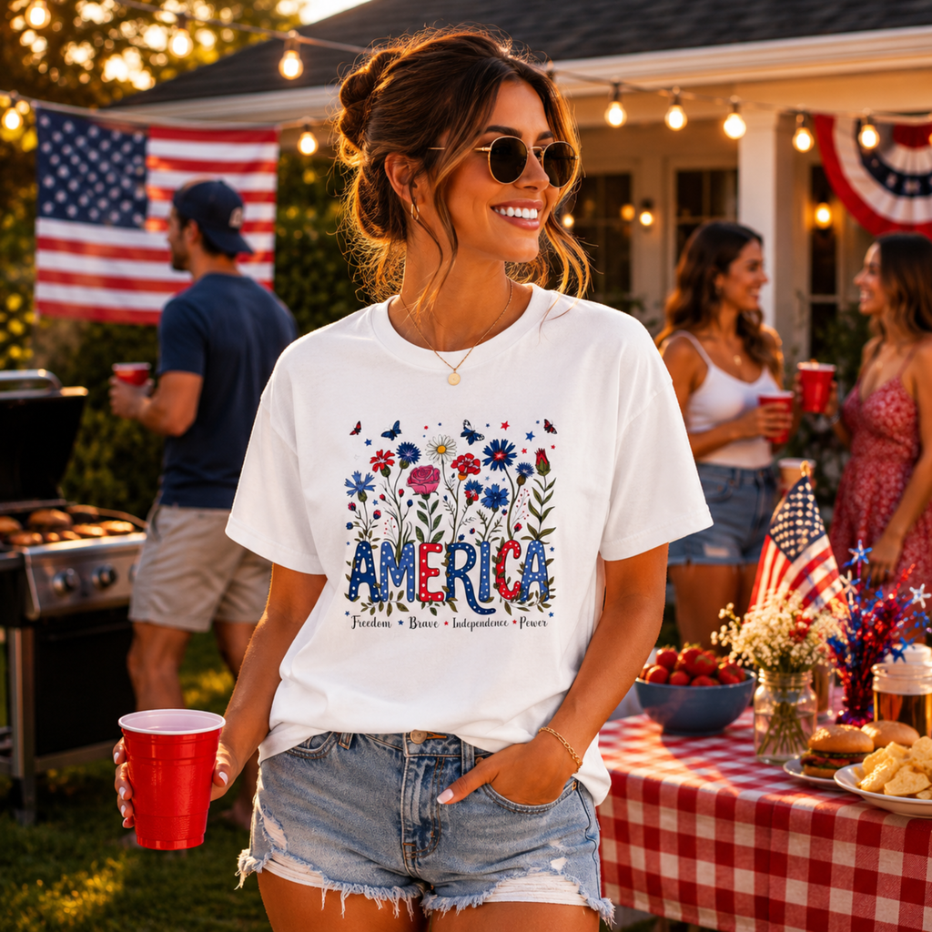 America Floral Shirt | Patriotic Wildflower Shirt for Women | 4th of July Flower Tee | Cute Americana Graphic Shirt