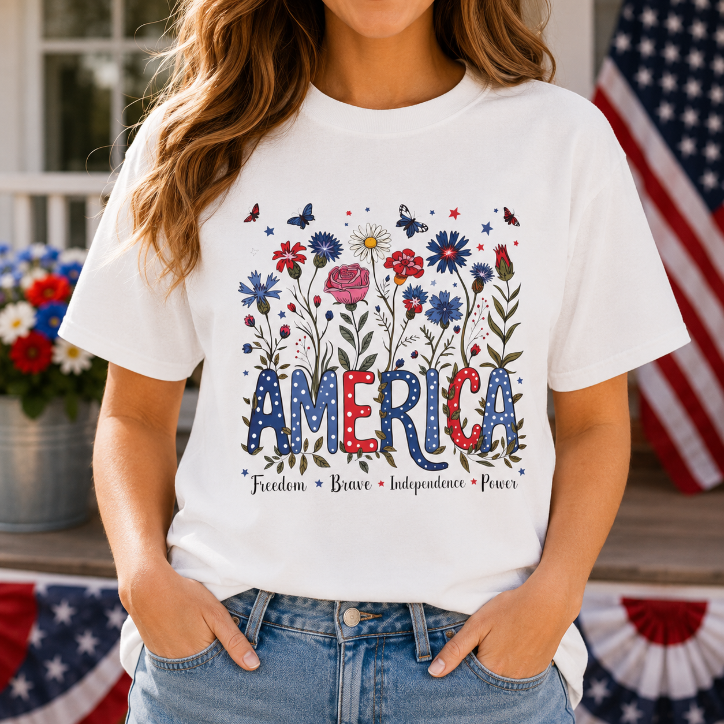 America Floral Shirt | Patriotic Wildflower Shirt for Women | 4th of July Flower Tee | Cute Americana Graphic Shirt