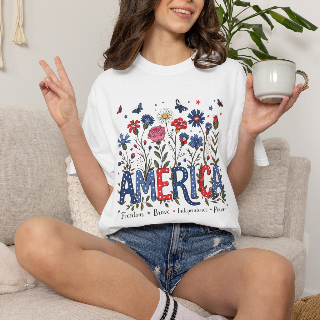 America Floral Shirt | Patriotic Wildflower Shirt for Women | 4th of July Flower Tee | Cute Americana Graphic Shirt