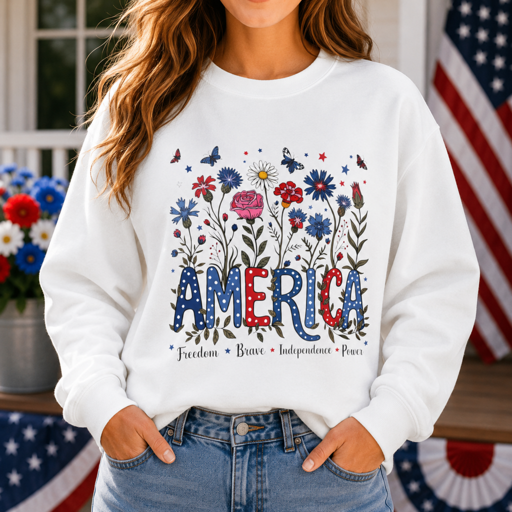 America Floral Sweatshirt | Patriotic Wildflower Crewneck for Women | 4th of July Floral Sweatshirt | Cute Americana Sweatshirt