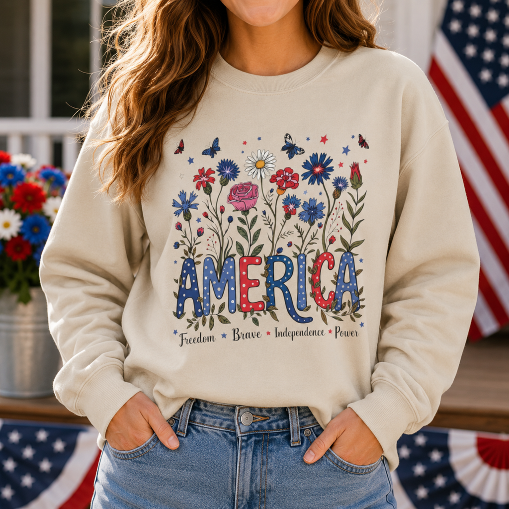 America Floral Sweatshirt | Patriotic Wildflower Crewneck for Women | 4th of July Floral Sweatshirt | Cute Americana Sweatshirt
