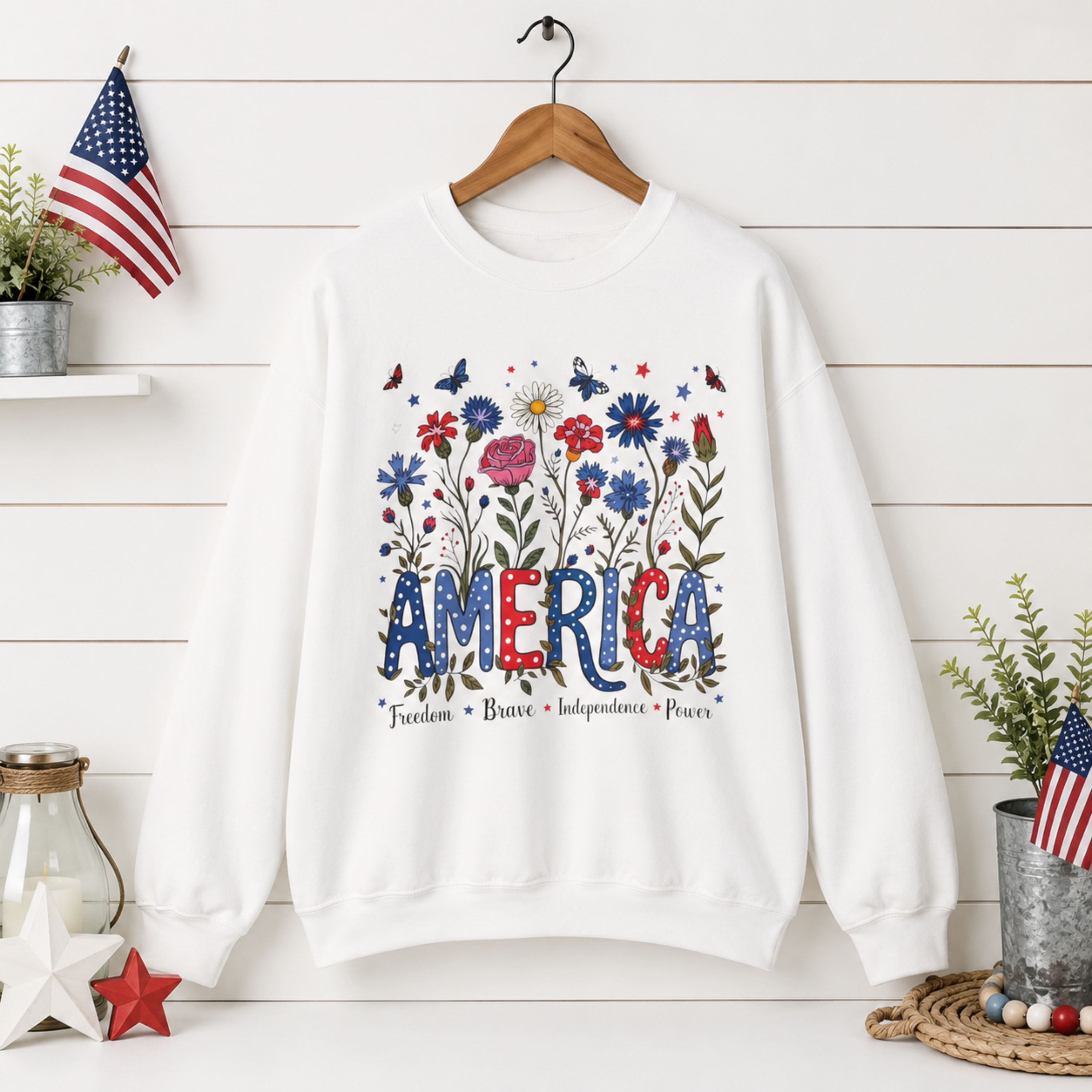America Floral Sweatshirt | Patriotic Wildflower Crewneck for Women | 4th of July Floral Sweatshirt | Cute Americana Sweatshirt