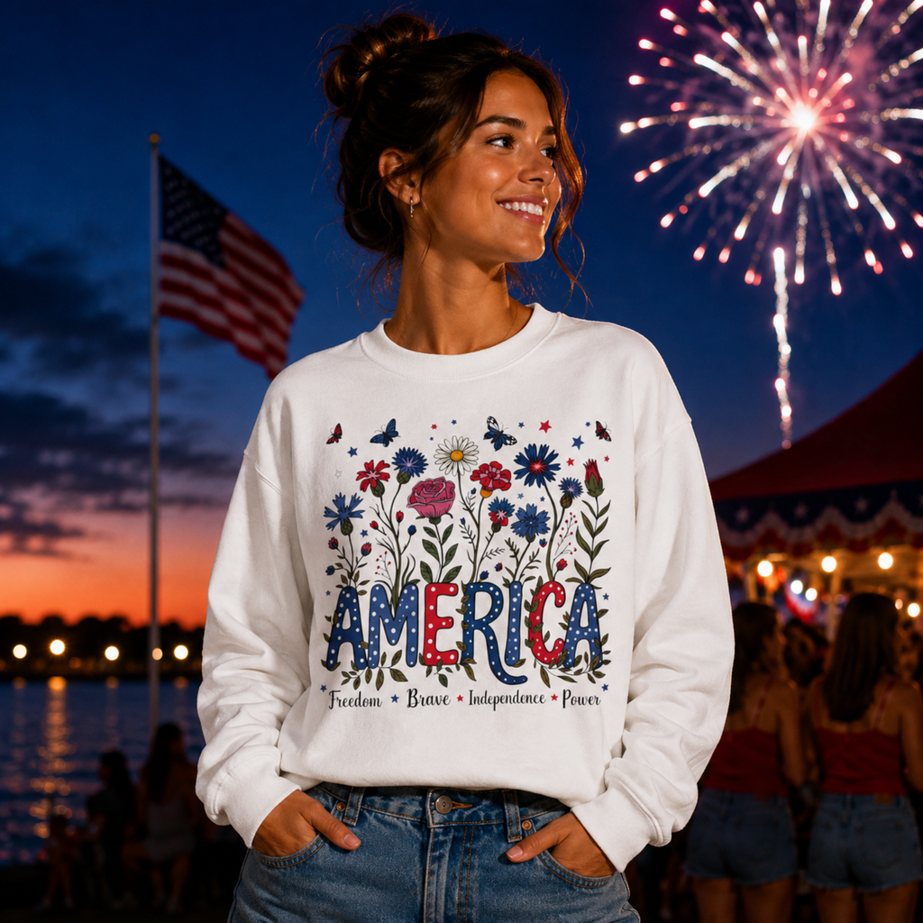 America Floral Sweatshirt | Patriotic Wildflower Crewneck for Women | 4th of July Floral Sweatshirt | Cute Americana Sweatshirt