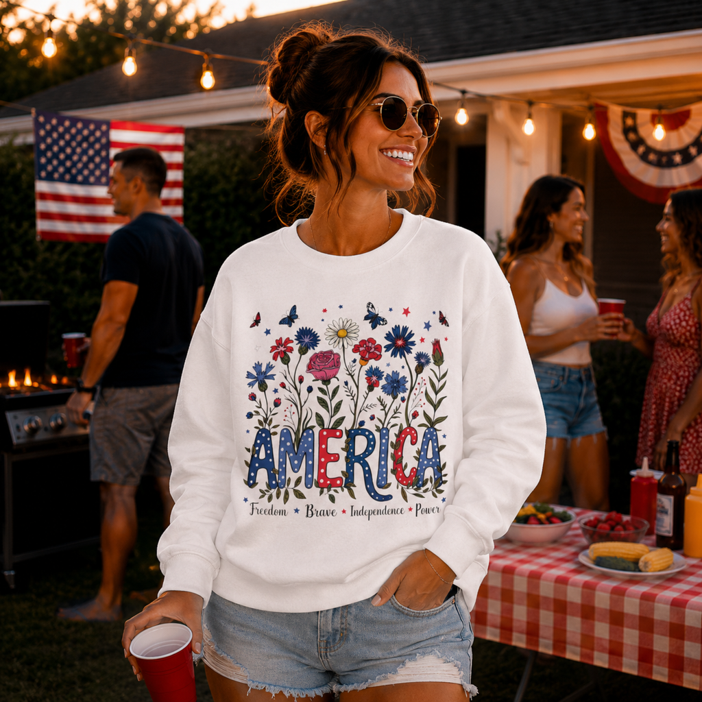 America Floral Sweatshirt | Patriotic Wildflower Crewneck for Women | 4th of July Floral Sweatshirt | Cute Americana Sweatshirt
