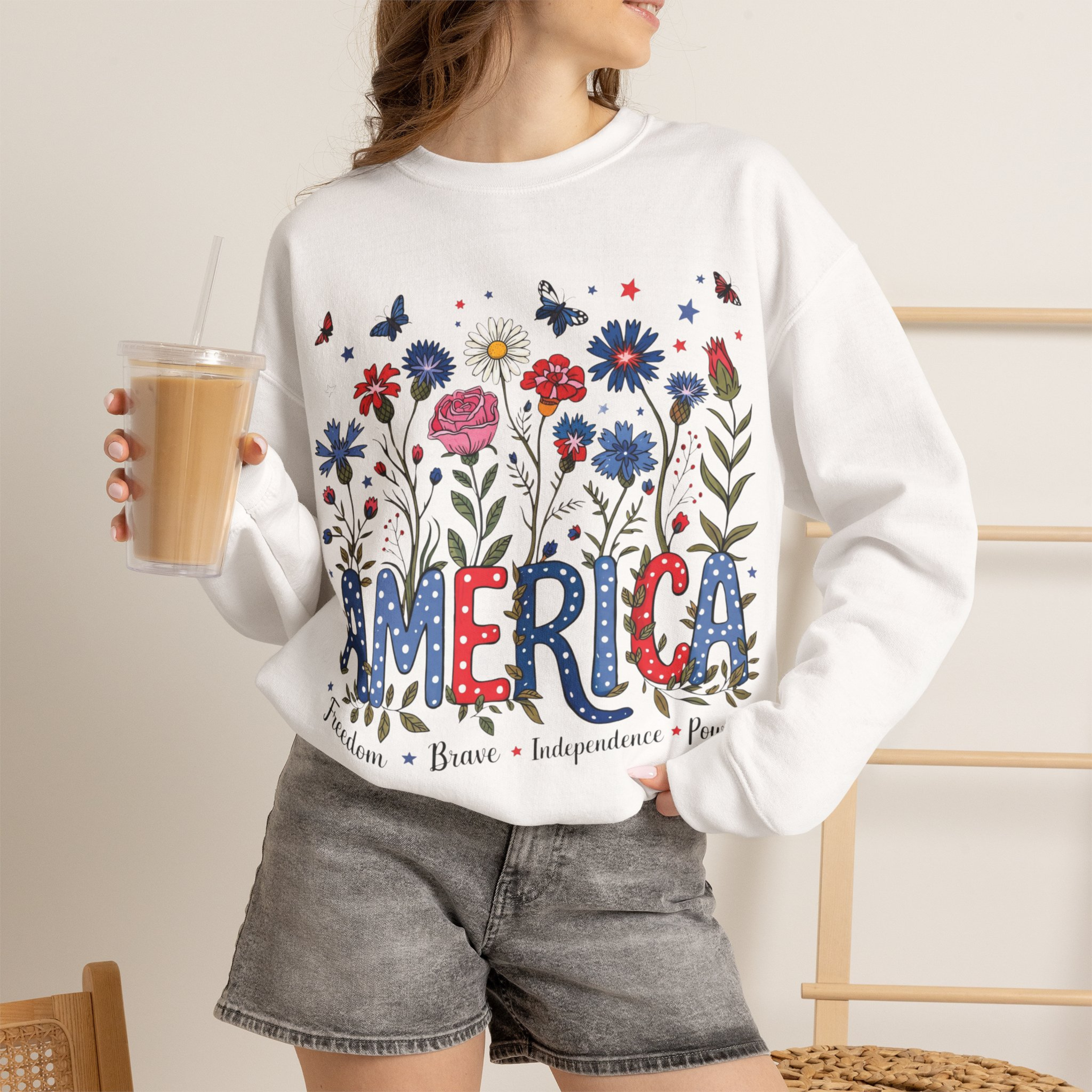 America Floral Sweatshirt | Patriotic Wildflower Crewneck for Women | 4th of July Floral Sweatshirt | Cute Americana Sweatshirt