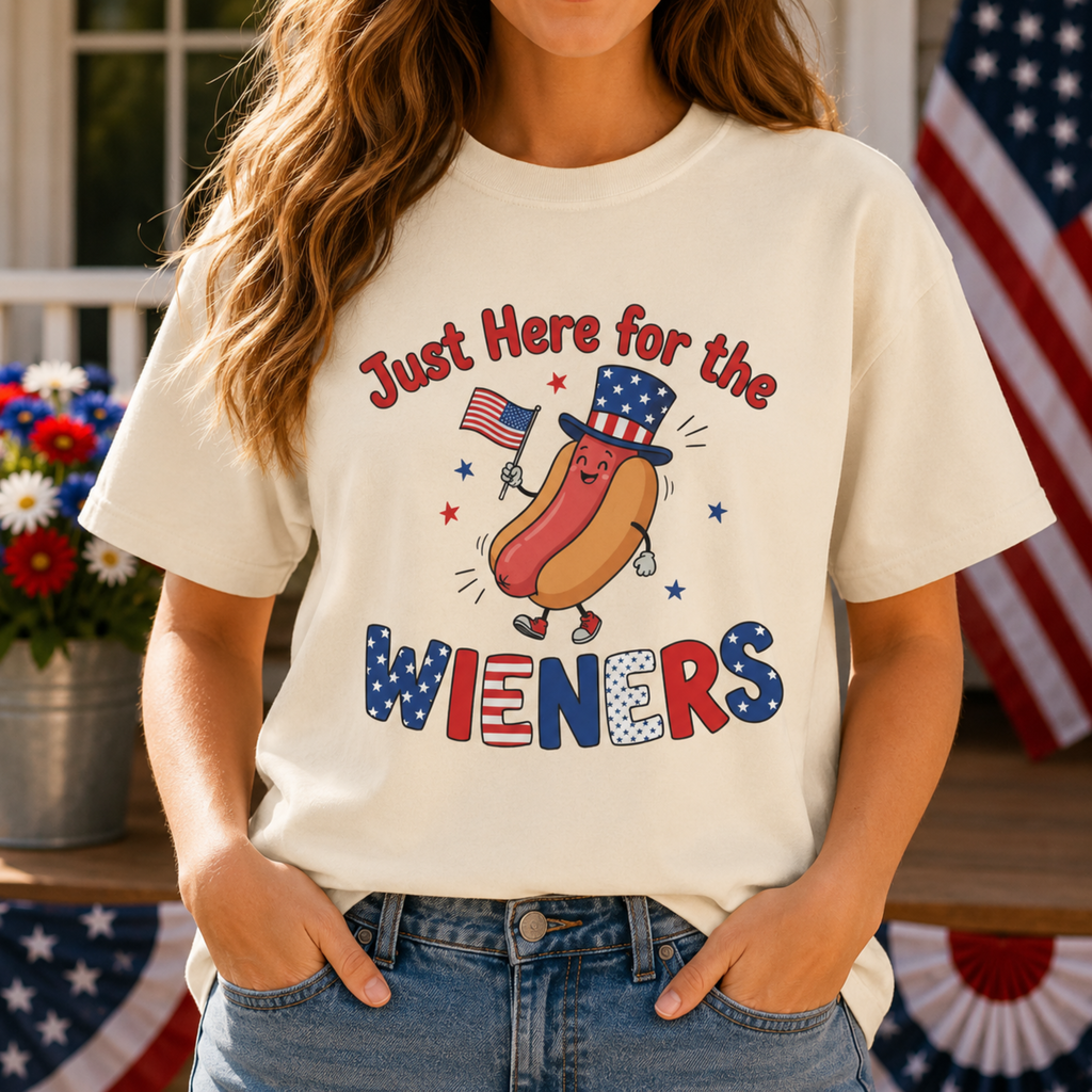 Just Here For The Wieners Unisex Comfort Colors Shirt | Funny 4th of July Hot Dog Shirt | Patriotic BBQ Shirt | Cute Independence Day Graphic Tee