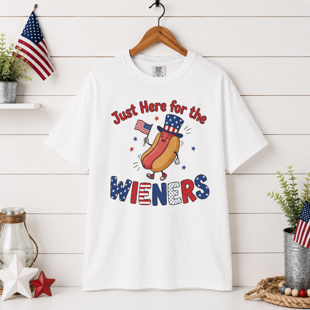 Just Here For The Wieners Unisex Comfort Colors Shirt | Funny 4th of July Hot Dog Shirt | Patriotic BBQ Shirt | Cute Independence Day Graphic Tee