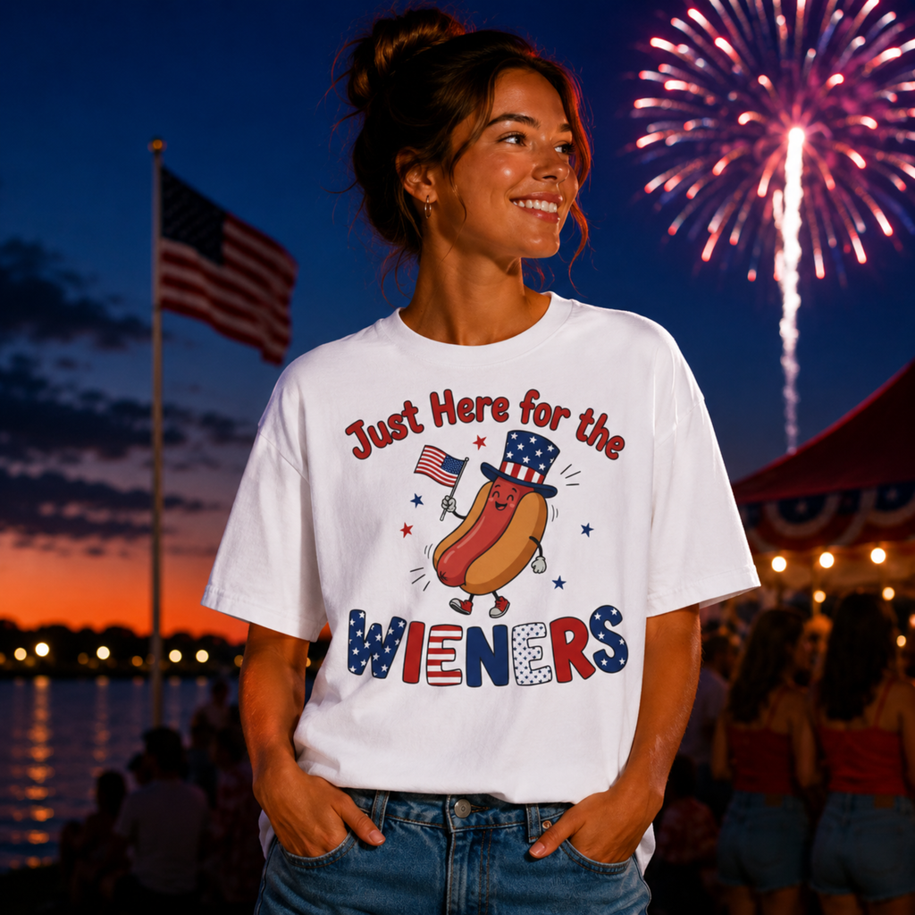 Just Here For The Wieners Unisex Comfort Colors Shirt | Funny 4th of July Hot Dog Shirt | Patriotic BBQ Shirt | Cute Independence Day Graphic Tee