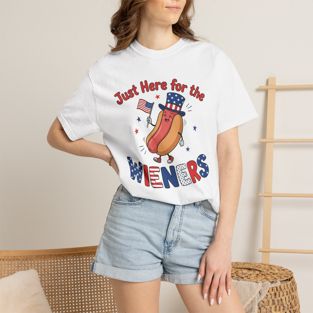 Just Here For The Wieners Unisex Comfort Colors Shirt | Funny 4th of July Hot Dog Shirt | Patriotic BBQ Shirt | Cute Independence Day Graphic Tee