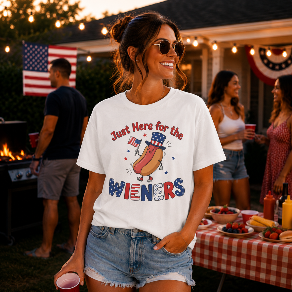 Just Here For The Wieners Unisex Comfort Colors Shirt | Funny 4th of July Hot Dog Shirt | Patriotic BBQ Shirt | Cute Independence Day Graphic Tee